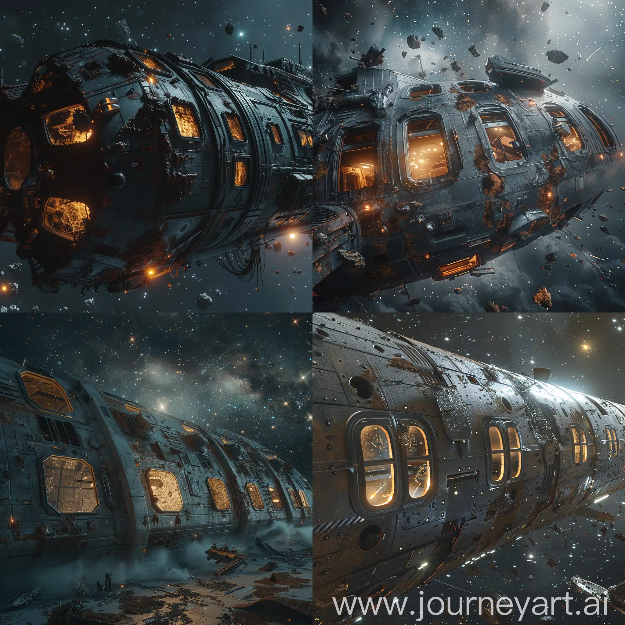 a highly detailed abandoned spaceship in a vast real light space, photorealistic, cinematic lighting, dynamic composition, glowing windows, rusted metal, worn surfaces, debris floating around, stars in the background, volumetric fog, god rays, deep shadows, dramatic contrast, rich textures, masterpiece, best quality, 8k, hyper-detailed