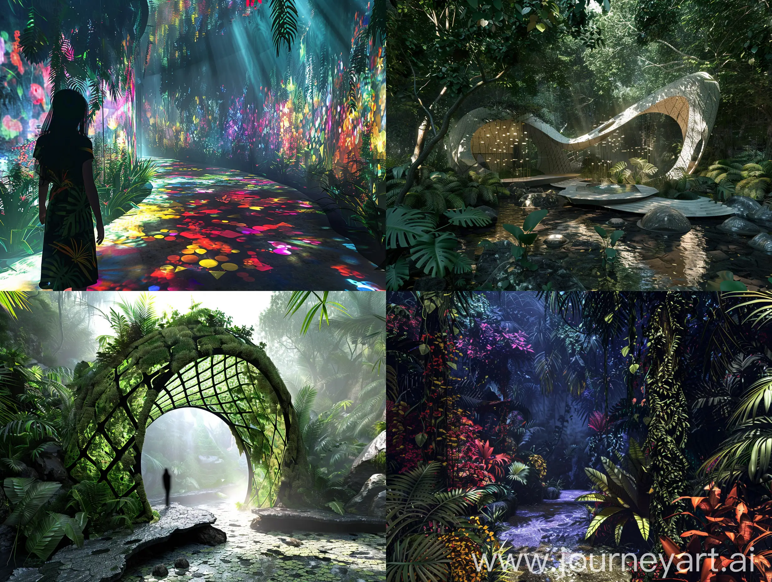 In the tropical rainforest, a breathing and expanding art interactive installation, multimedia, 3D. --v 6.0 --s 200