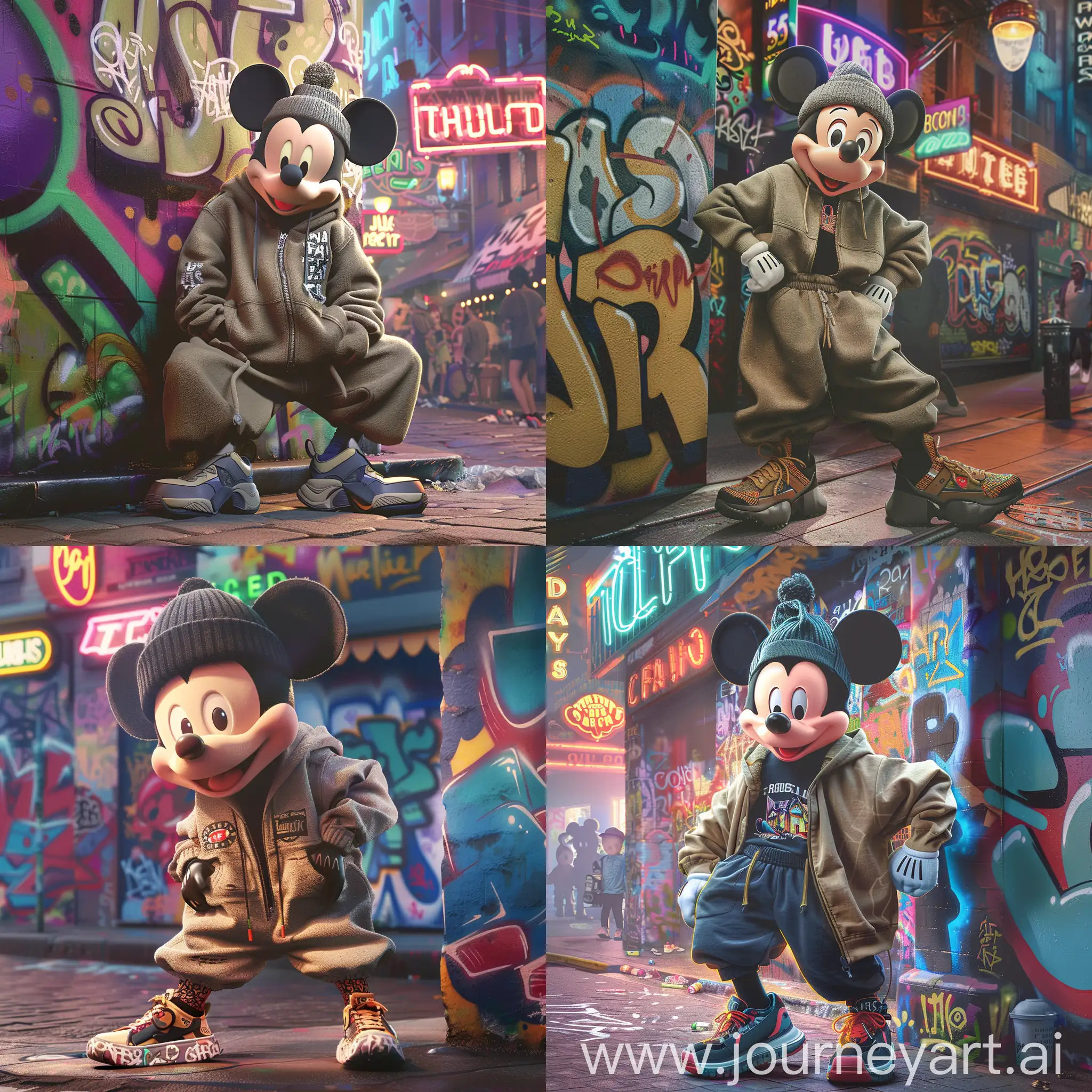 Mickey Mouse embracing a thug persona, dressed in a streetwear-inspired outfit. He wears a baggy tracksuit, a beanie, and chunky sneakers. His pose is confident and relaxed, leaning against a graffiti-covered wall. The background features a bustling city street, filled with neon signs and colorful murals. Created Using: contemporary street fashion, urban street art aesthetic, vibrant color scheme, energetic lighting, urban lifestyle vibes, hd quality, cartoonish style --ar 1:1 --v 6.0
