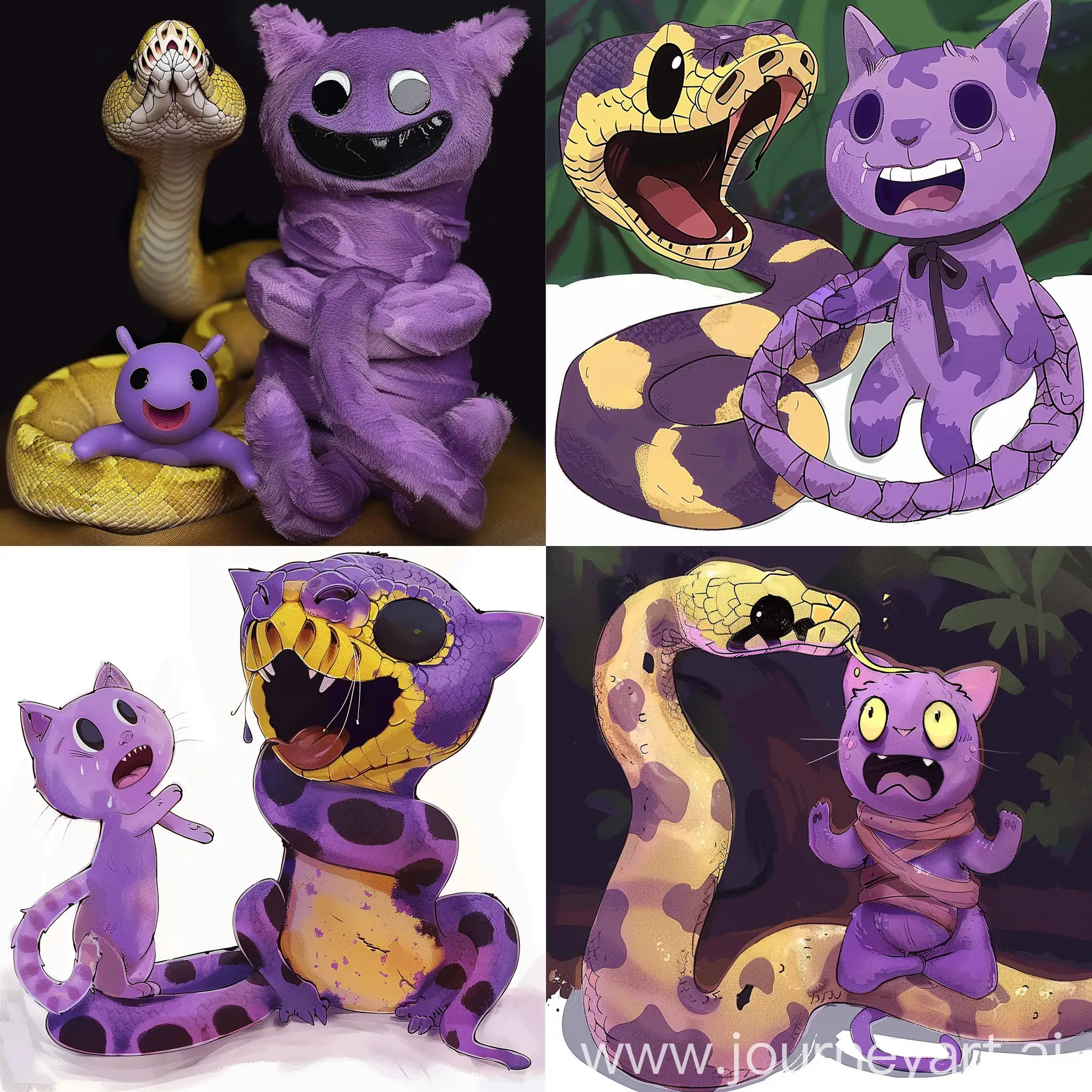 a snake python with an aggressive expression attacks and wraps a catnap smiling critter from Poppy Playtime chapter 3 that is purple and crying from suffocation