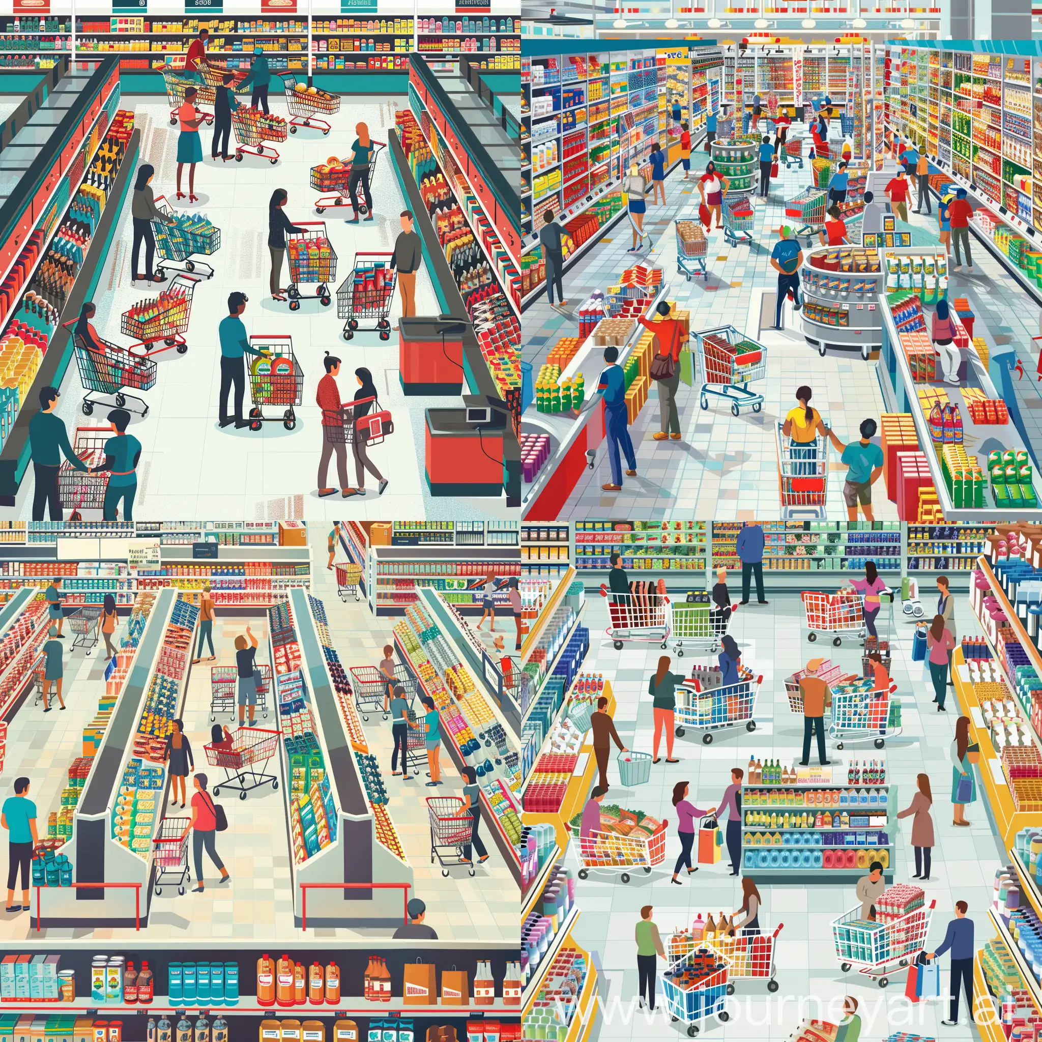 A bustling supermarket scene with aisles filled with colorful products, shopping carts being pushed around, and customers at the checkout counters.