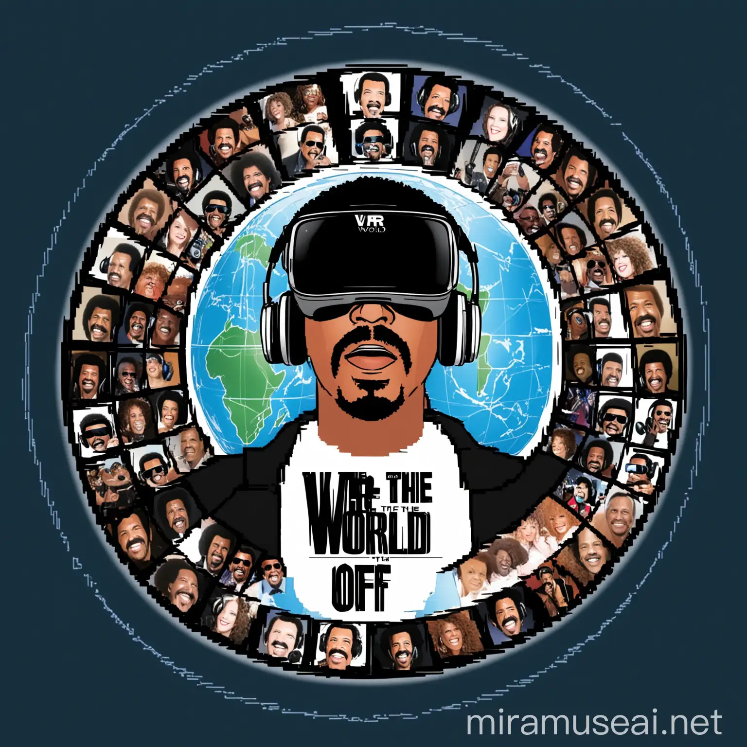 "USA For Africa - We Are The World" song album picture with Lionel Richie with big virtual reality glass and microfon and headphone, without background, as a logo in circle shape, with a title around the pic: "VR the World"