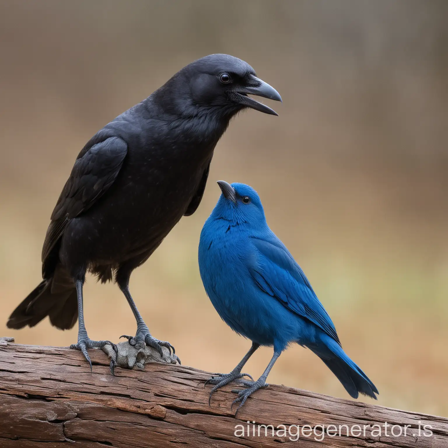 a crow and a blue bird that are friends, looking cute and goofy