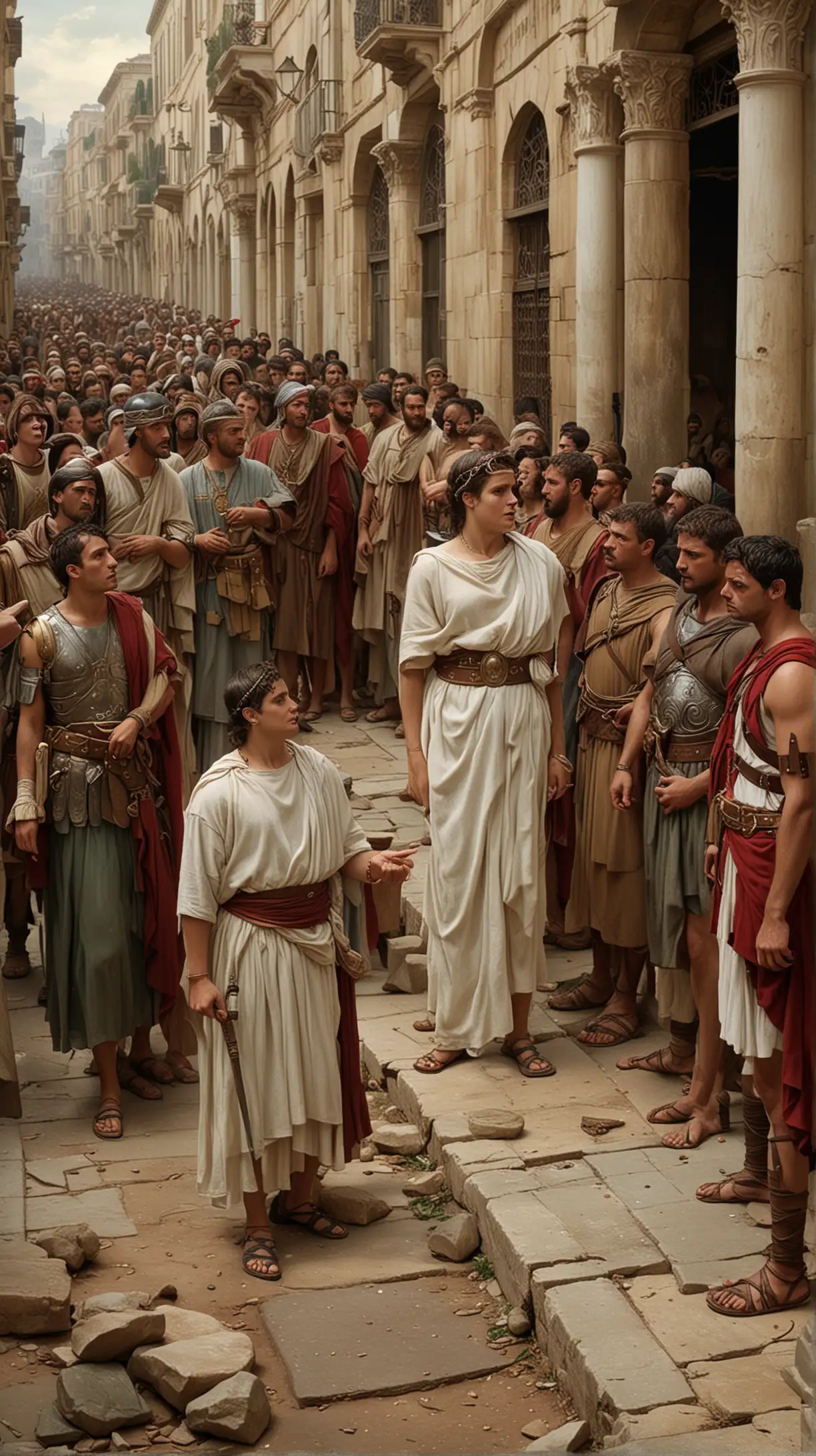 Conflict with Religious Authorities: A tense scene showing Hypatia in a heated discussion with Christian authorities or a portrayal of growing tension in the streets of Alexandria. Roman soldiers and officials are present, indicating the political climate of the Roman Empire.