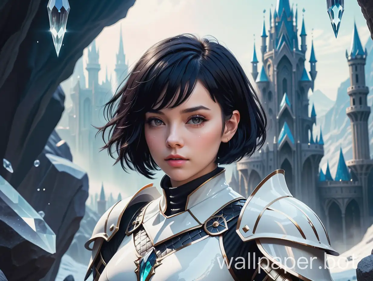 short hair, black color hair, woman in white knight armor, in a fantasy landscape with huge crystals, 1080p