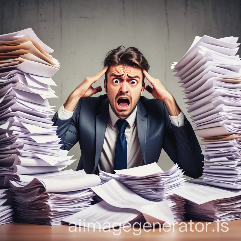 busy and frustrated businessman with a lot of papers