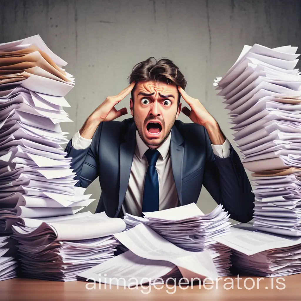 busy and frustrated businessman with a lot of papers 