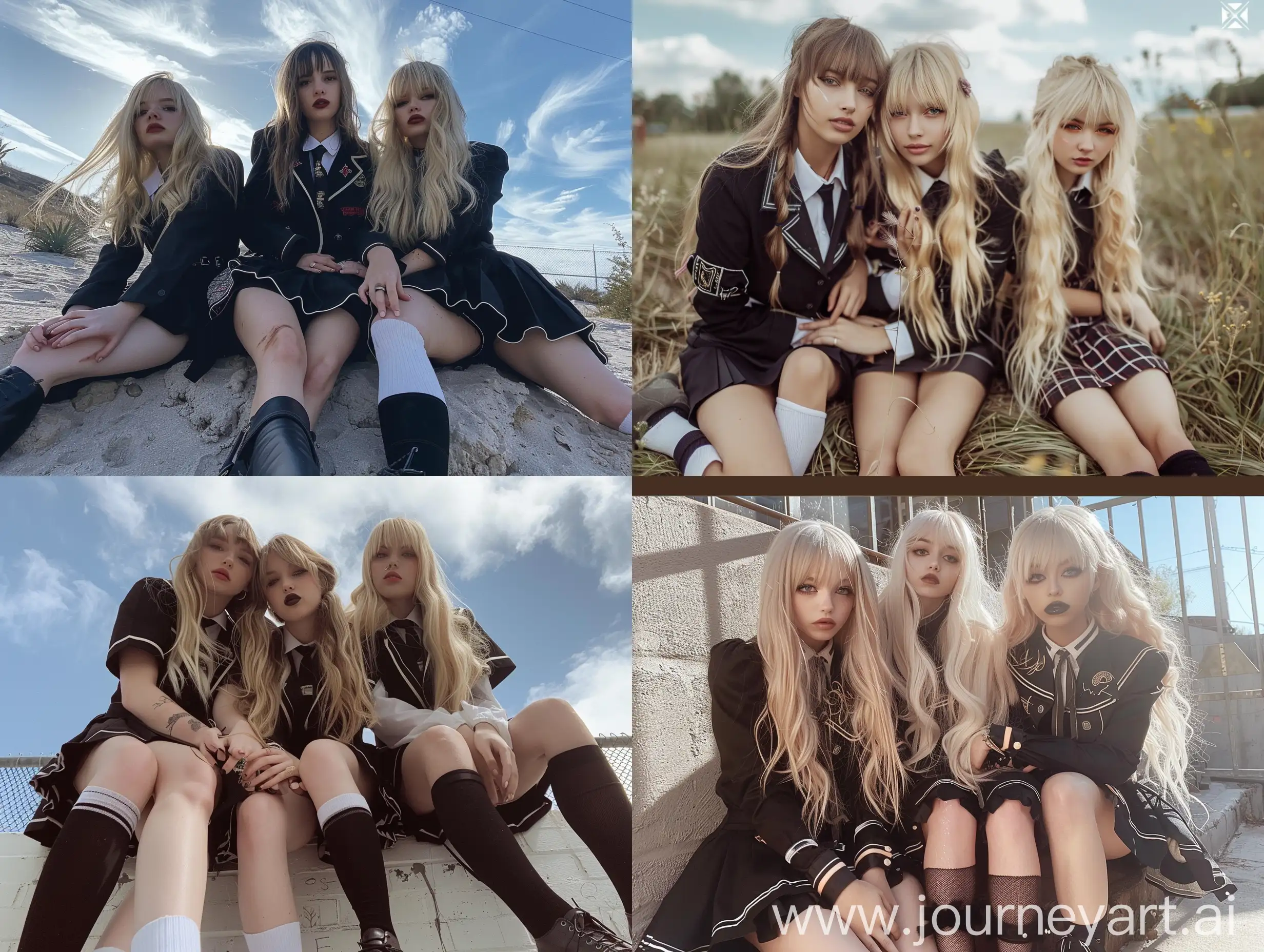 Three-Young-Women-in-Black-School-Uniforms-Posing-Naturally-Outdoors