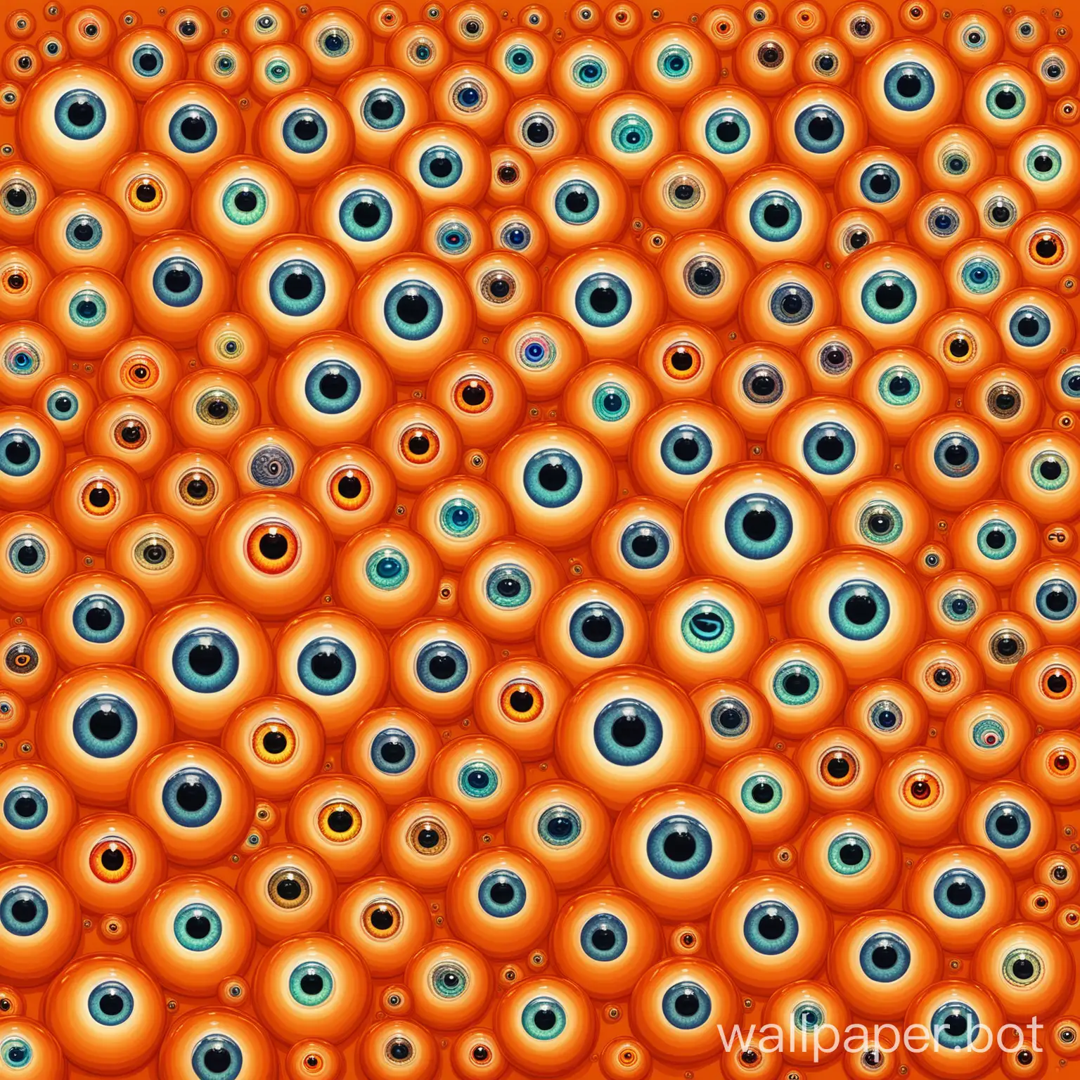 20 different eyeballs, all of them are different and can range from people and cat eyes to dragons eyes, all of them are melting, orange trippy background