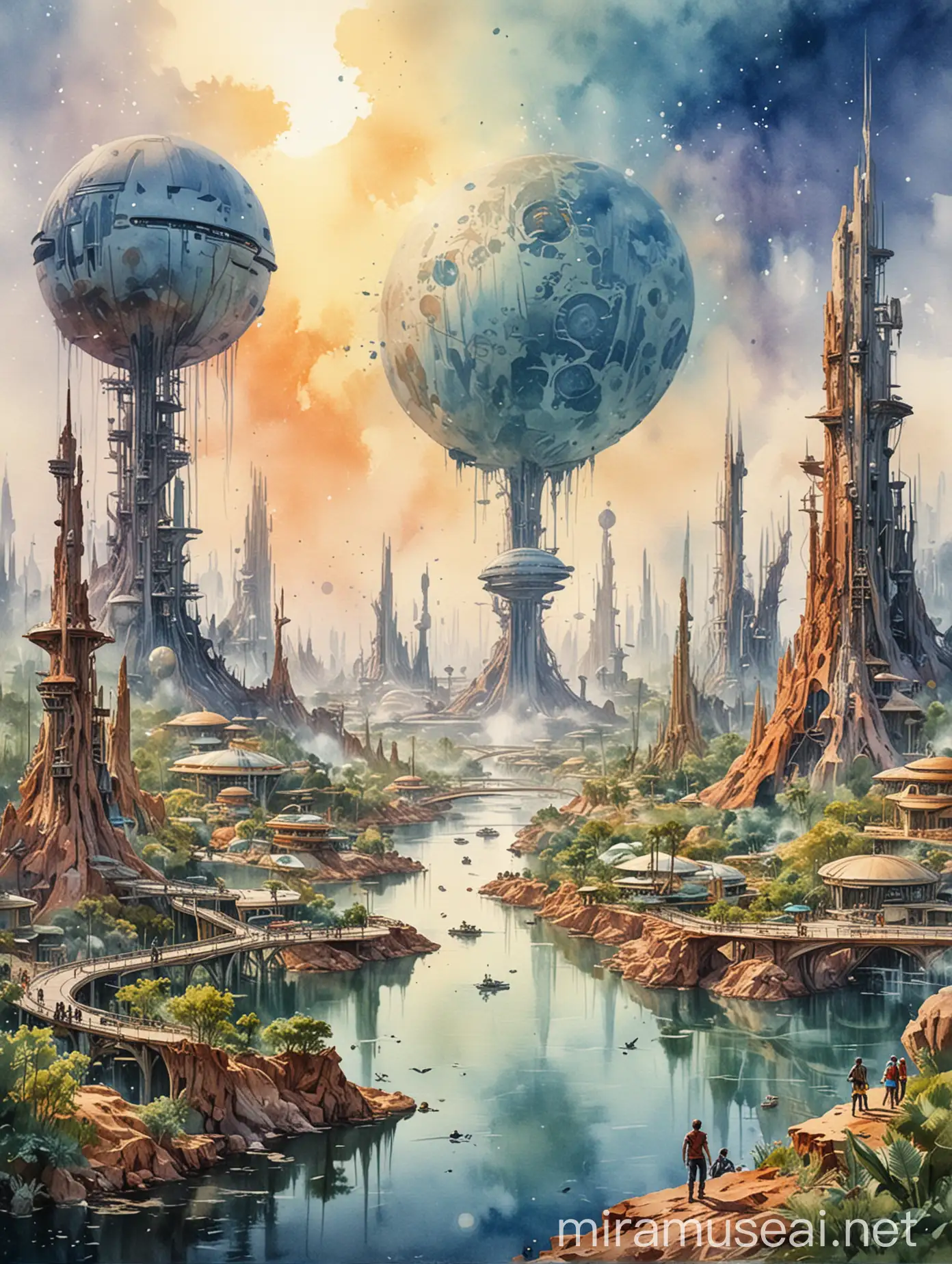 Futuristic Watercolor Art Imagining Tomorrows World in Vibrant Colors