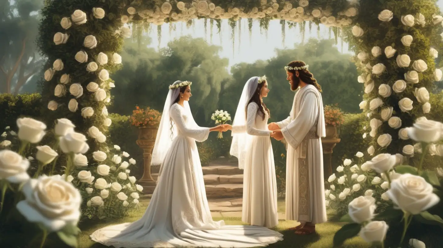 epoque biblique, un homme hébreu en habit hébreu d'époque et une femme hébreu se marient sous le daie nuptial, belle robe de mariée manches longues, des roses blanches, dans un jardin, beaux visages 