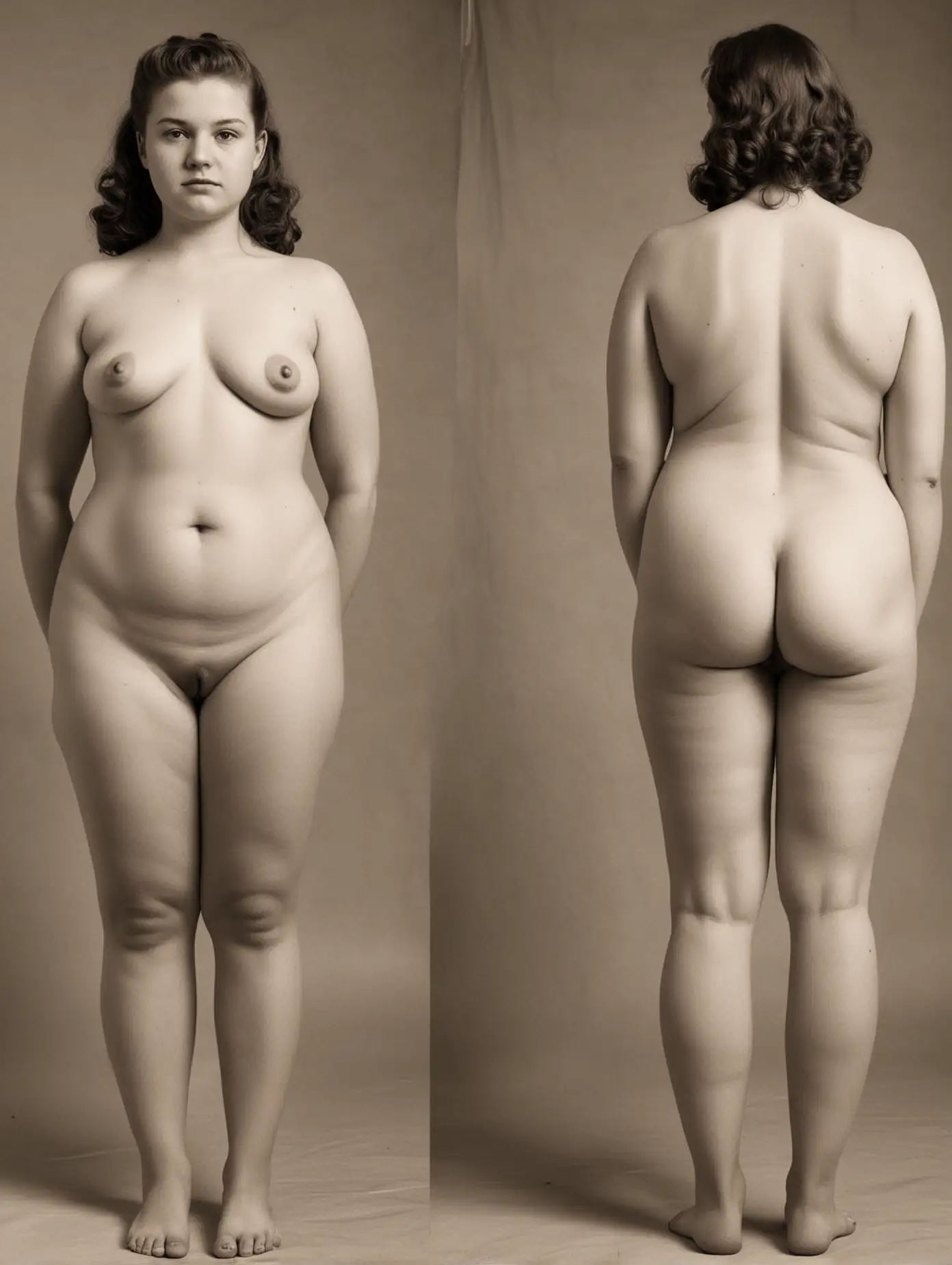 1940s Nude Posture Study Front and Back Fat 20YearOld Girl Whole Body Shown  | AI Image Generator