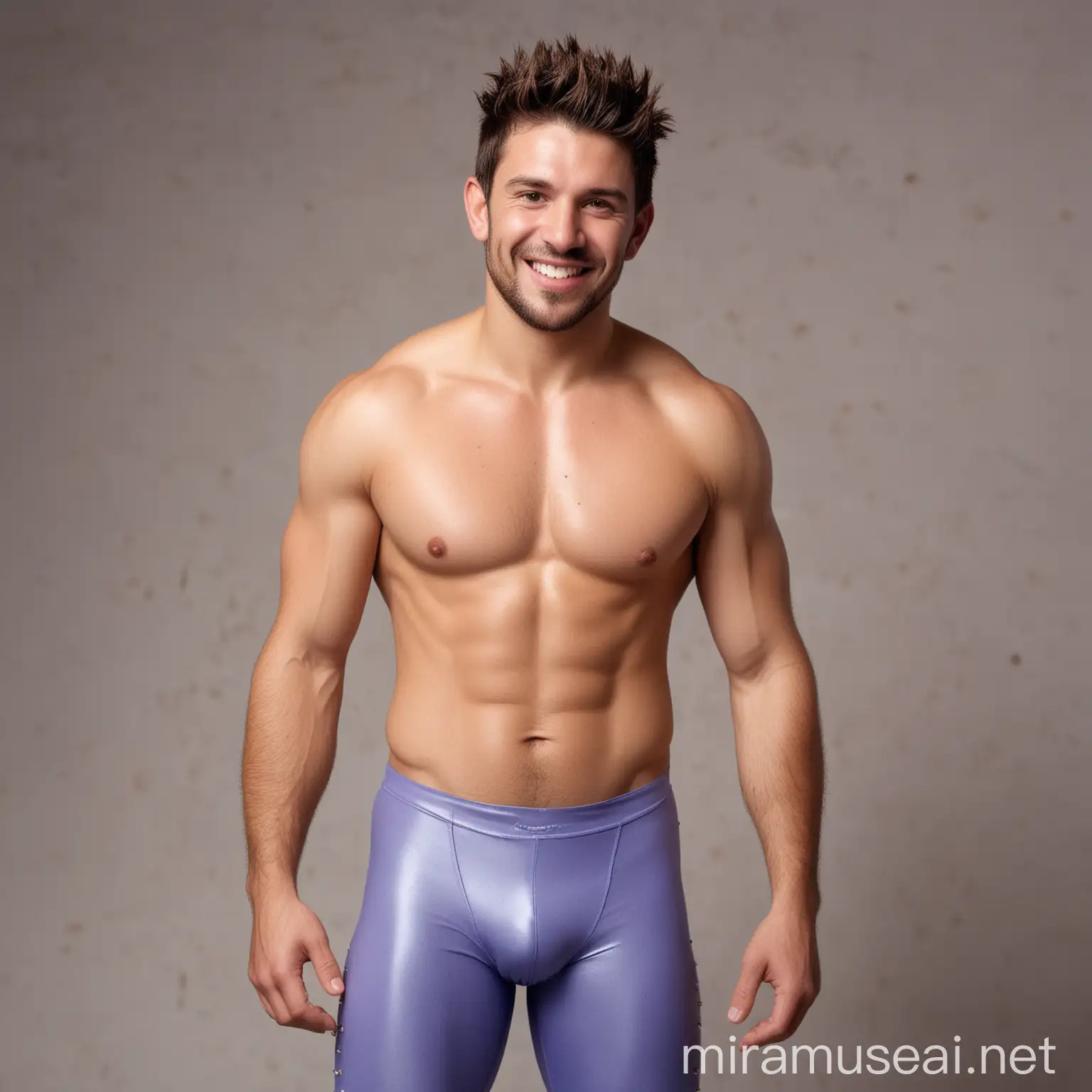 Charming shirtless  32 year old male Argentine wrestler, with short spiky gelled brunette hair; brown skin;  very little beard; wearing long periwinkle spandex leggings; smiling and winking 
