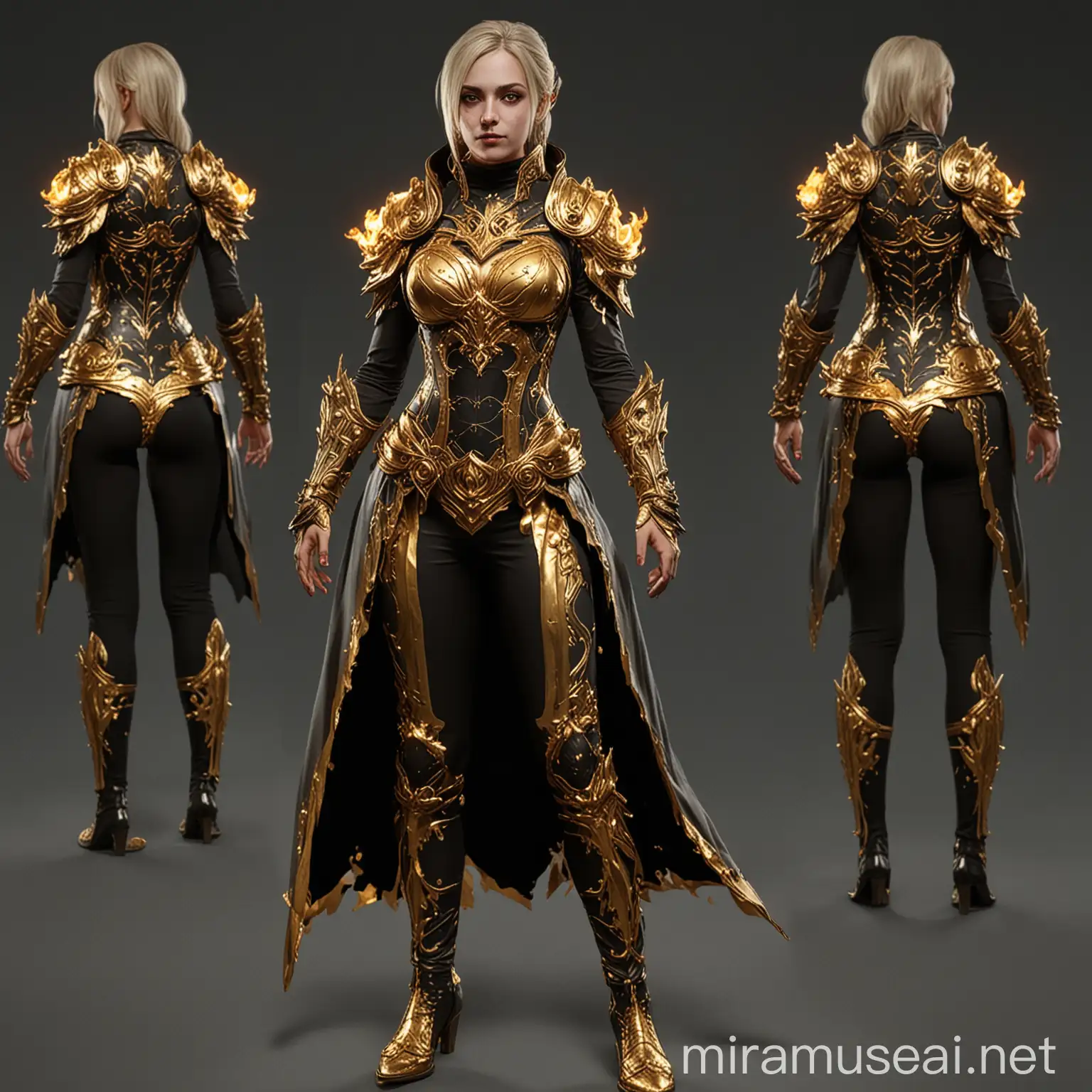 Make a unique outfit full dress for gaming them Halloween , Style Fire Golden , Views All Side , Front Side , Back Side , Right Side , Lift Side,