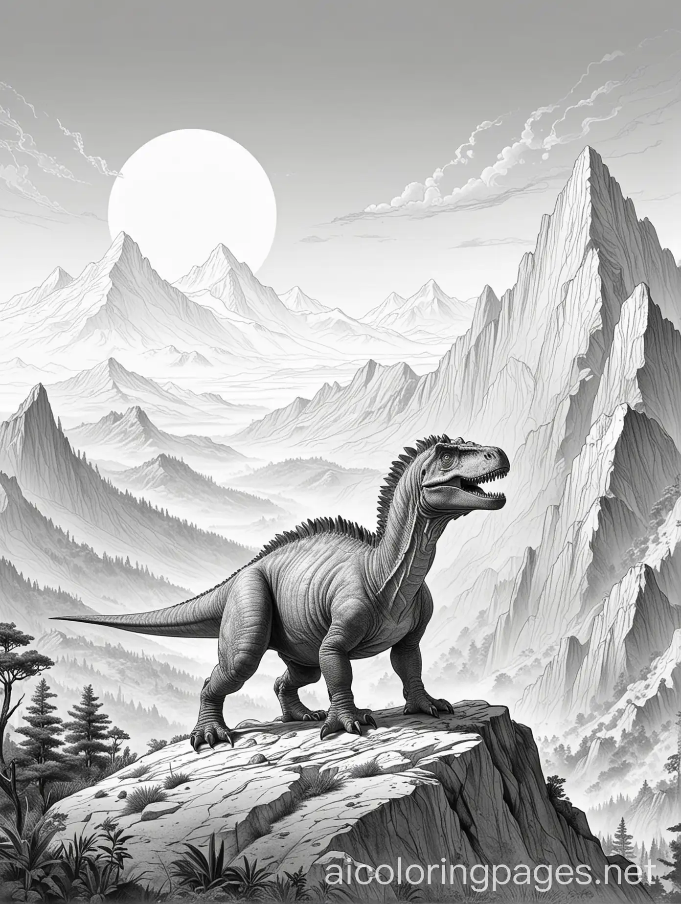 Dinosaur-on-Mountain-Detailed-Line-Art-Coloring-Page