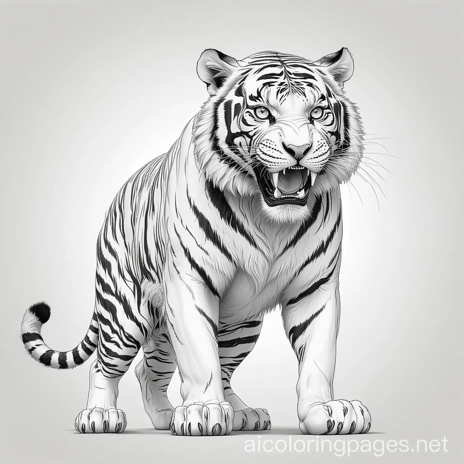 full body of a big big scary tiger who is ready to attack an animal with open mouth. in cartoon sytle Coloring Page, black and white, line art, white background, Simplicity, Ample White Space. The background of the coloring page is plain white to make it easy for young children to color within the lines. The outlines of all the subjects are easy to distinguish, making it simple for kids to color without too much difficulty, Coloring Page, black and white, line art, white background, Simplicity, Ample White Space. The background of the coloring page is plain white to make it easy for young children to color within the lines. The outlines of all the subjects are easy to distinguish, making it simple for kids to color without too much difficulty, Coloring Page, black and white, line art, white background, Simplicity, Ample White Space. The background of the coloring page is plain white to make it easy for young children to color within the lines. The outlines of all the subjects are easy to distinguish, making it simple for kids to color without too much difficulty
, Coloring Page, black and white, line art, white background, Simplicity, Ample White Space. The background of the coloring page is plain white to make it easy for young children to color within the lines. The outlines of all the subjects are easy to distinguish, making it simple for kids to color without too much difficulty