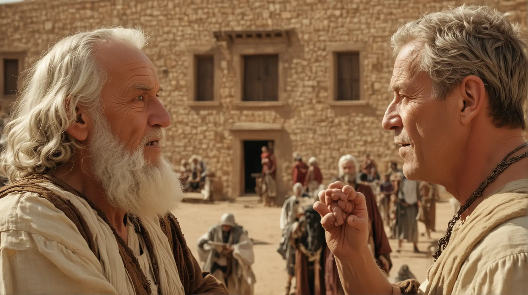 Biblical Era Encounter Strong Man Conversing with Elderly Couple in Desert Town