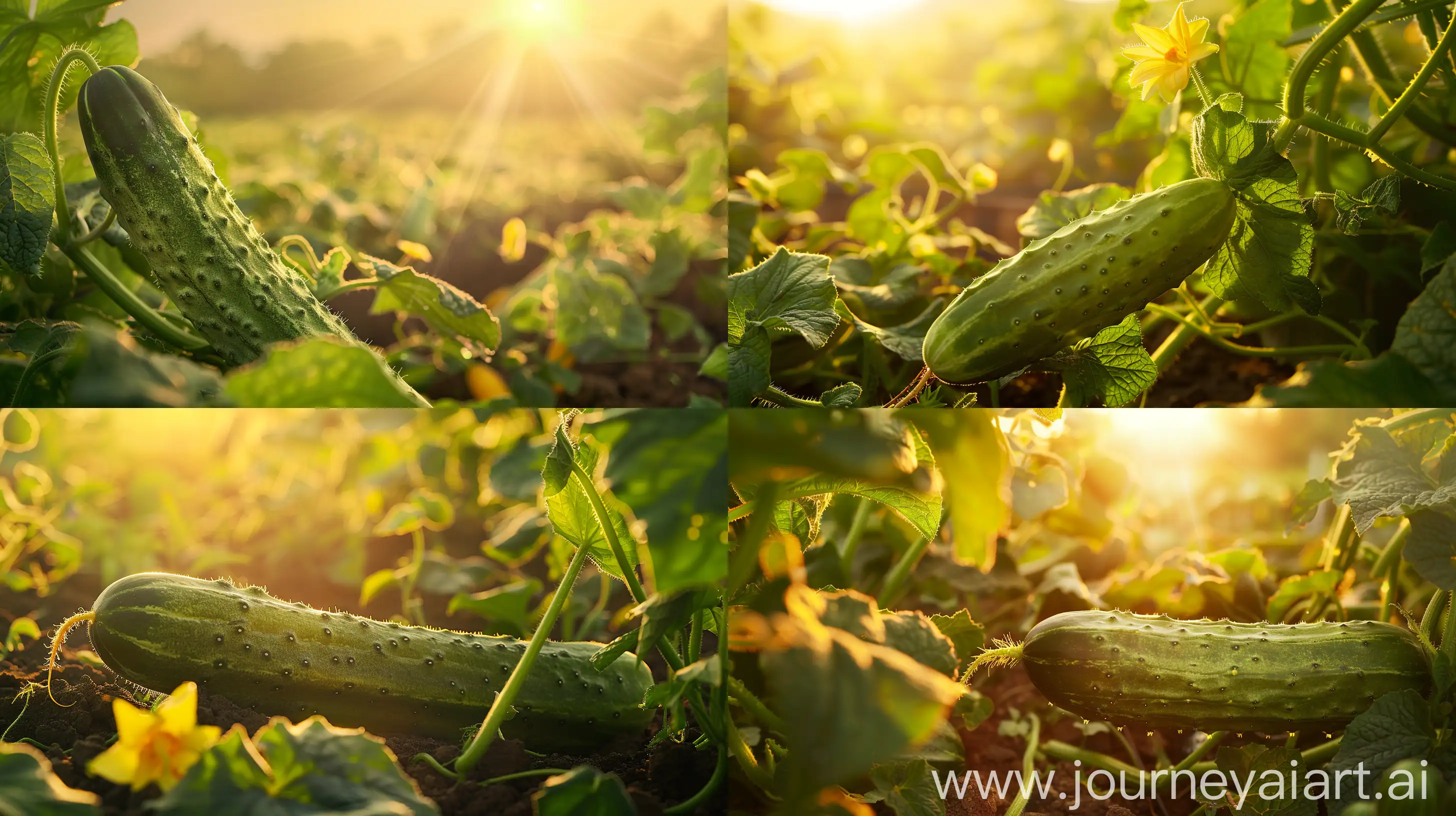 High detailed photo capturing a Cucumber, Suyo Long. The sun, casting a warm, golden glow, bathes the scene in a serene ambiance, illuminating the intricate details of each element. The composition centers on a Cucumber, Suyo Long. Suyo Long is a traditional variety from China that offers an abundance of delicious, burpless, crispy cucumbers. Growing to 16" long on vigorous vines, the sweet ribbed fruits can be picked at any stage, from very young to fully mature. Perfect for eating. The image evokes a sense of tranquility and natural beauty, inviting viewers to immerse themselves in the splendor of the landscape. --ar 16:9 