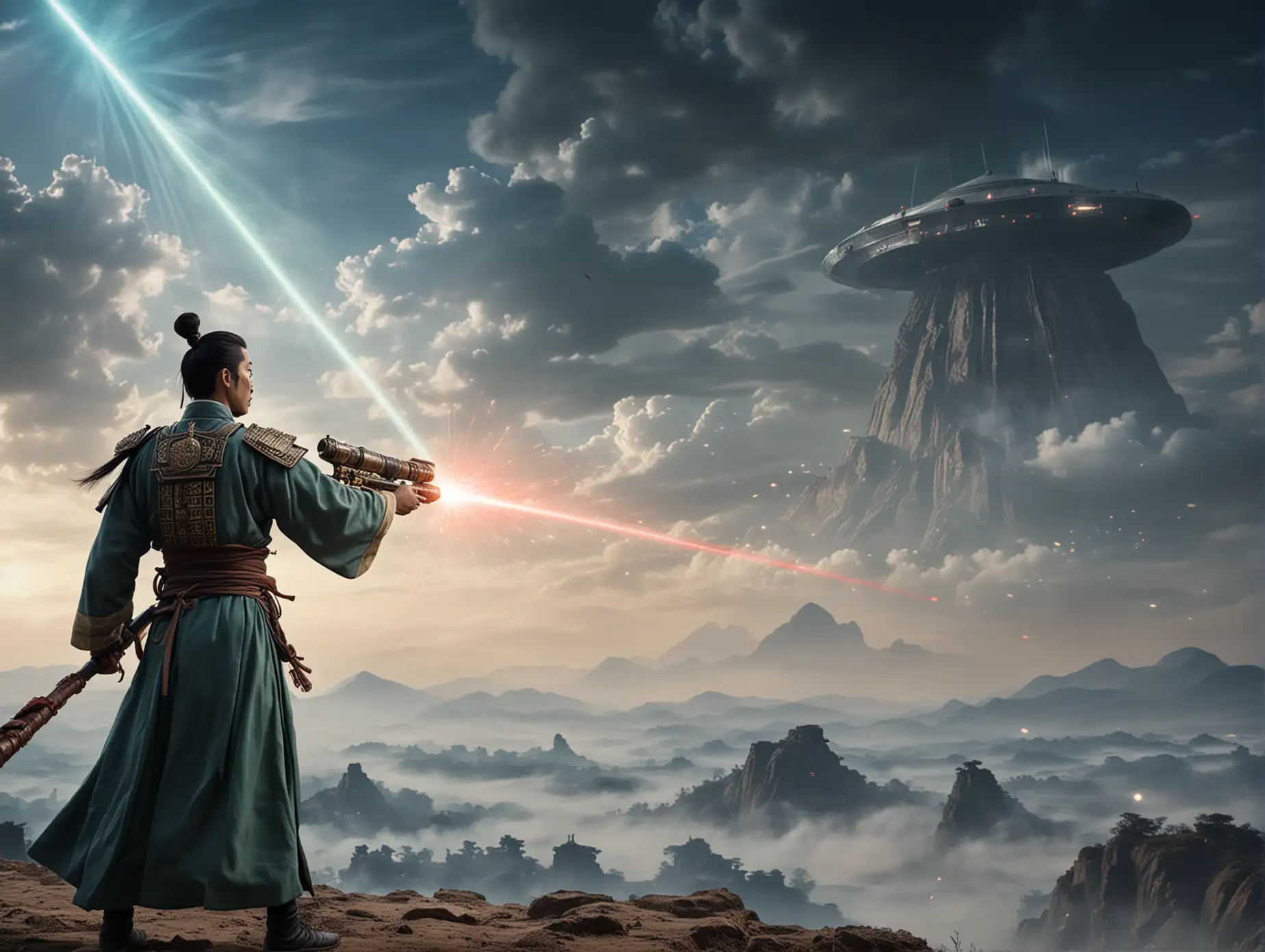 Qin-Dynasty-Soldier-in-Hanfu-Shooting-Laser-Weapon-at-UFO