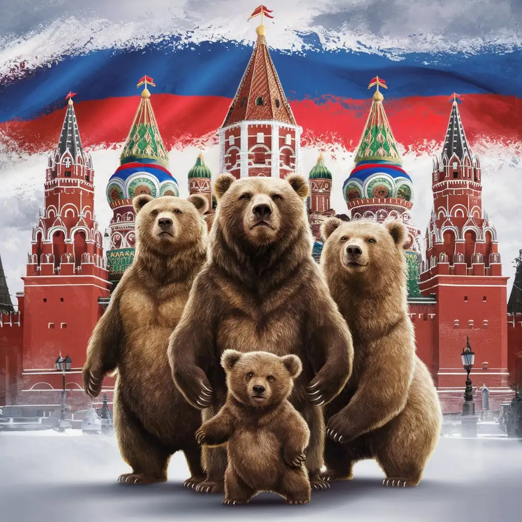 Нарисуй мне картинку на фоне которой стоит московский кремль с цветом российского флага, а впереди кремля три медведя папа, мама и сын