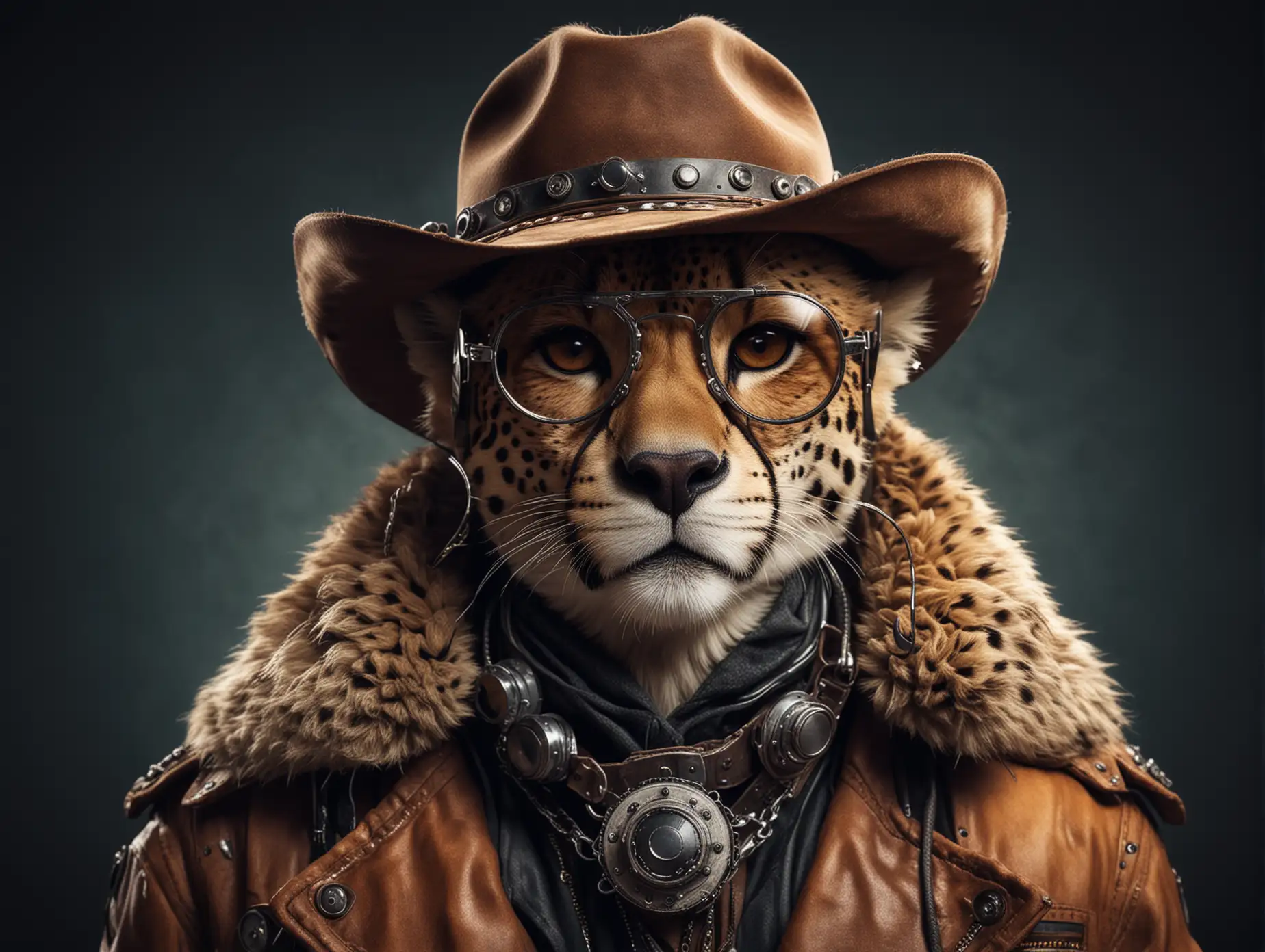 a futuristic cheetah explorer portrait with aviator glasses on its eyes and cowboy hat and a big old coat with metal earrings with a black sci-fi background