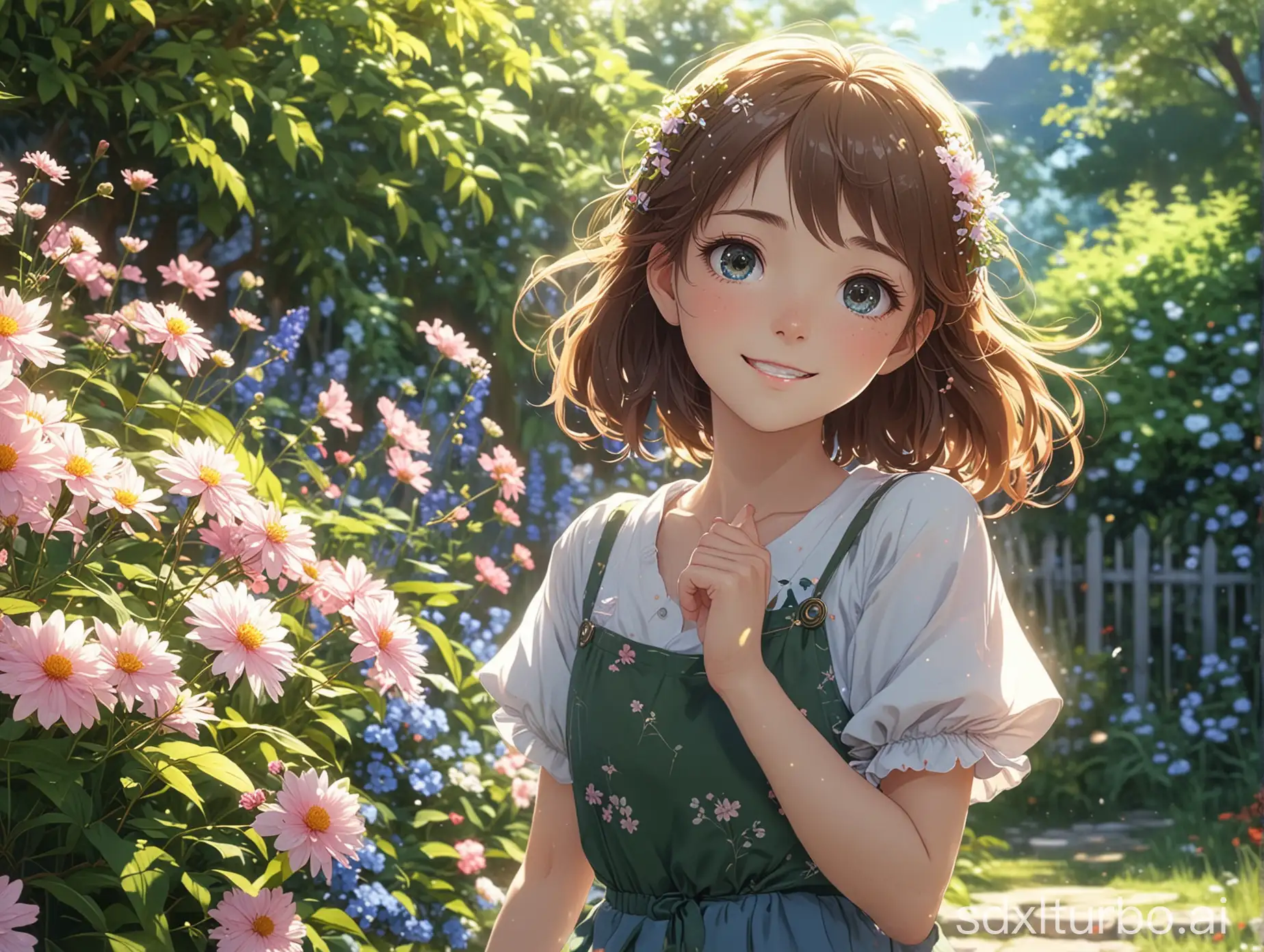 Flowers of happiness girl in the garden, anime image, confidently shining, high-definition image, rich in detail, movie-like feeling