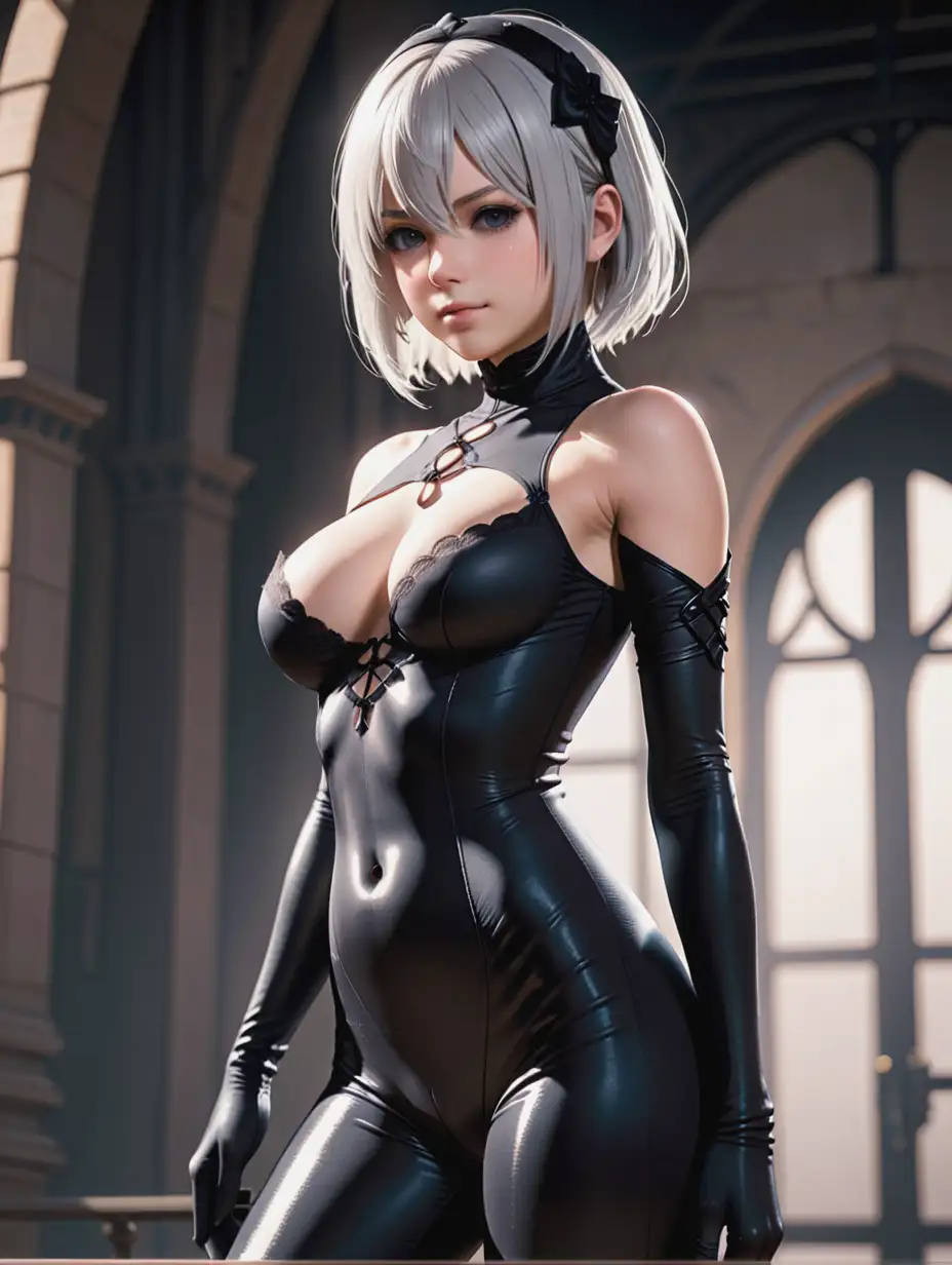 2B from Nier, high quality, seductive face, perfect tits, perfect body, sexy catsuit, full body view