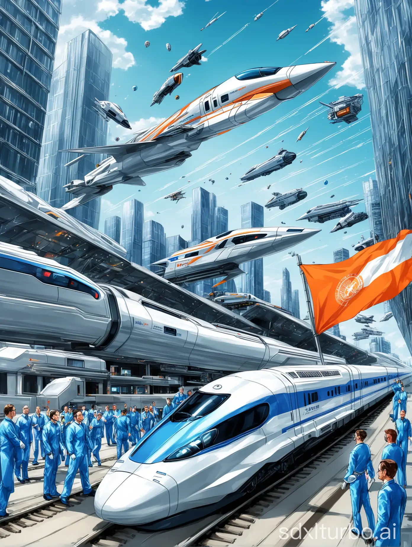 background in modern city, main body is high-speed rail moving backwards around the party's flag, with aerospace vehicles and scientific research personnel around