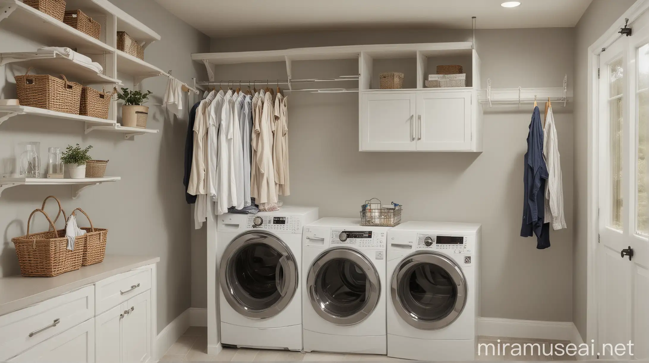 A laundry room with a hanging rack for air-drying clothes.