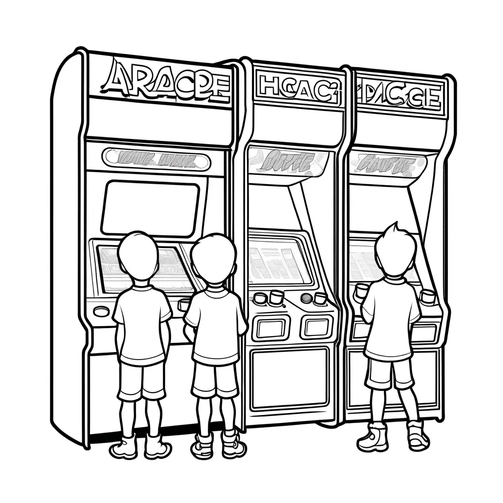kids in arcade, Coloring Page, black and white, line art, white background, Simplicity, Ample White Space