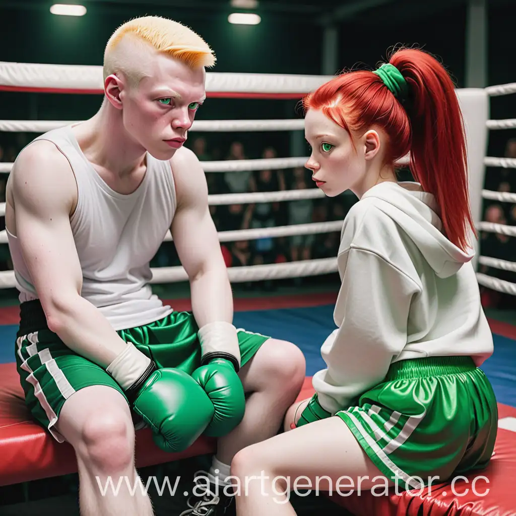 Парень альбинос сидит на ринге для бокса у него зеленые глаза на нем спортивные шорты и боксерские перчатки он сидит в пол оборота и на его плечё облокотилась девушка с рыжими волосами собранными впучёк она одета в юбку и толстовку
