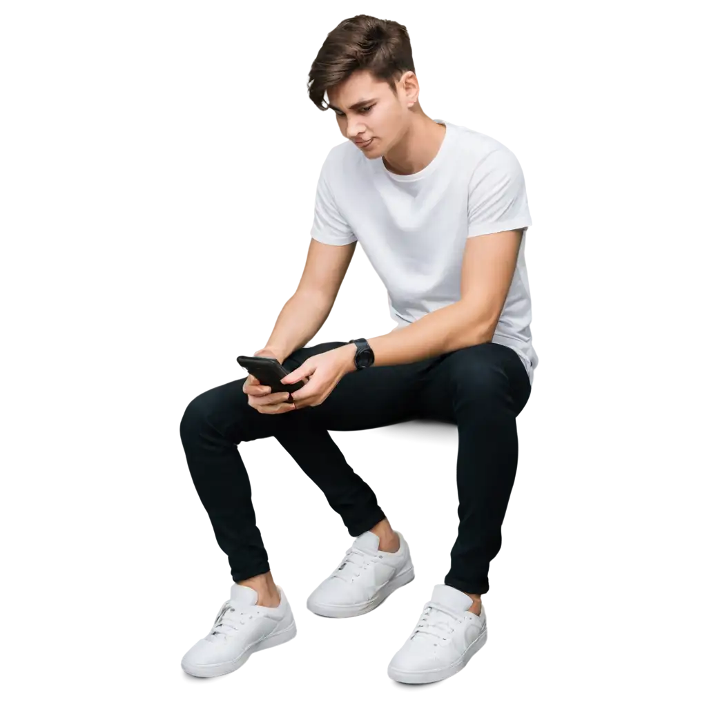a young man, wearing a white shirt, black jeans, and white shoes, sitting play mobile games