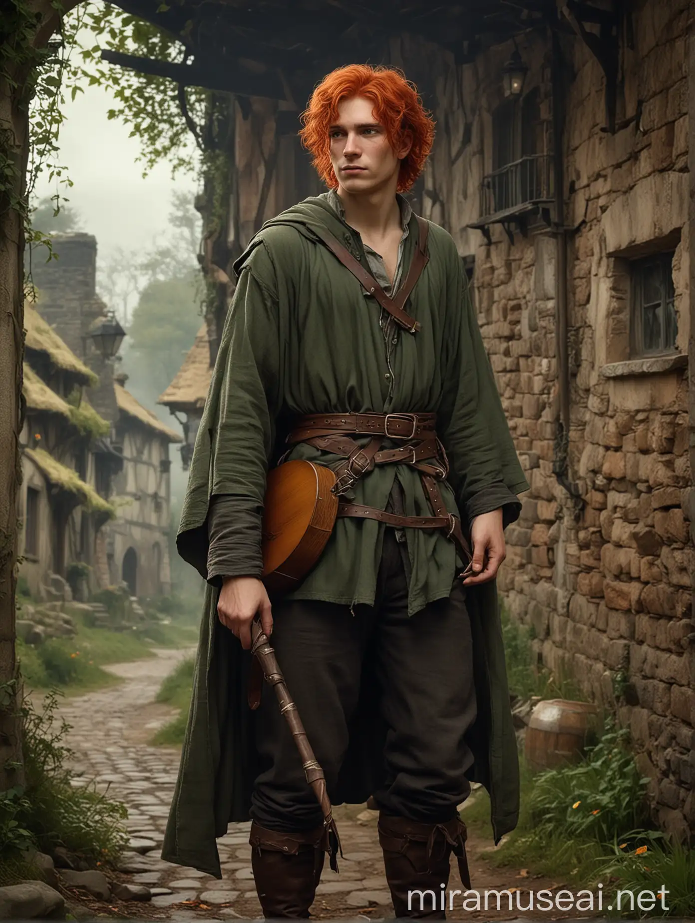 Create an image of Kvothe, the protagonist from Patrick Rothfuss's 'The Kingkiller Chronicle.' Kvothe is a young man in his late teens to early twenties. He has striking red hair that is thick and unruly, often described as a 'flame.' His eyes are a vivid green, sharp and intelligent. His face is expressive and shows both his youthful exuberance and the weight of his experiences.  Kvothe is tall and lean with a wiry build, reflecting both his agility and strength. He often wears practical, slightly worn clothes suitable for travel and adventure. His typical attire includes a simple shirt, a cloak, and sturdy boots. Occasionally, he might be seen with his lute, which he carries with him almost everywhere, signifying his deep connection to music.  He exudes a mix of confidence and mystery, with a hint of melancholy. His posture is upright, and his expression can shift from intense focus to a softer, more contemplative look. The background should hint at a rustic inn or an academic setting like the University, with warm, muted colors that complement his vibrant hair.