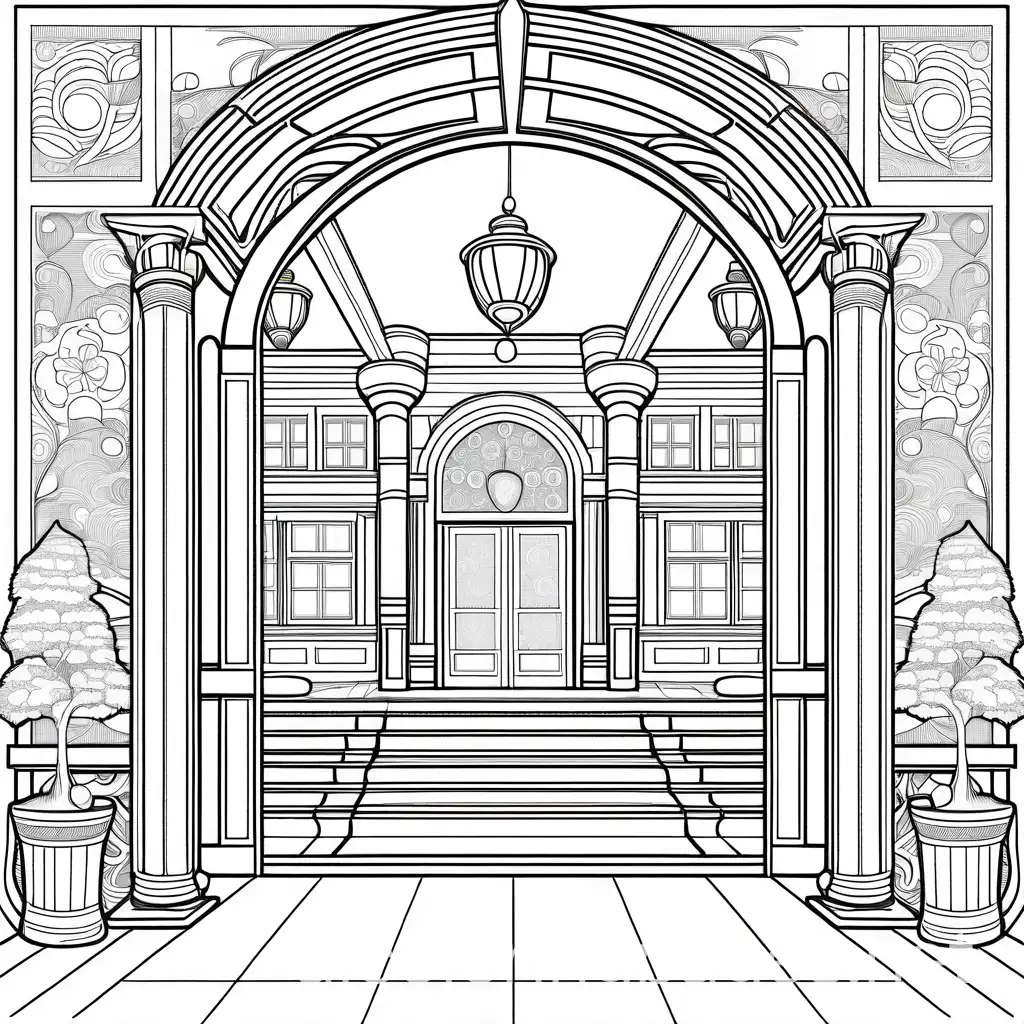Show the grand entrance of the magical academy with diverse students arriving, each with distinct appearances and magical auras., Coloring Page, black and white, line art, white background, Simplicity, Ample White Space. The background of the coloring page is plain white to make it easy for young children to color within the lines. The outlines of all the subjects are easy to distinguish, making it simple for kids to color without too much difficulty