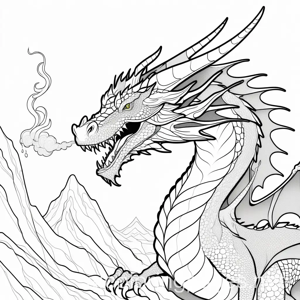 a fire breathing dragon in a fantasy world, Coloring Page, black and white, line art, white background, Simplicity, Ample White Space. The background of the coloring page is plain white to make it easy for young children to color within the lines. The outlines of all the subjects are easy to distinguish, making it simple for kids to color without too much difficulty