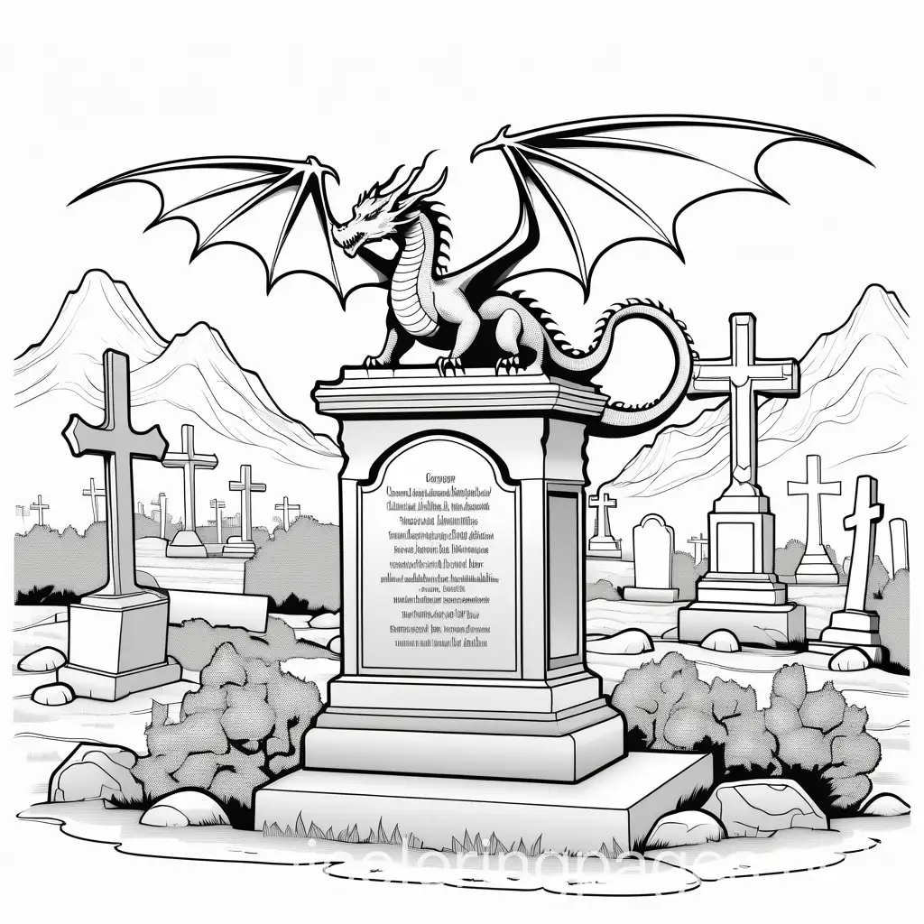 dragon flying over grave yard with tombstones, Coloring Page, black and white, line art, white background, Simplicity, Ample White Space