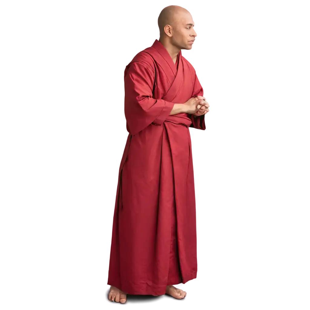 монах в красном одеянии стоит и смотрит в окно слева в другую сторону 