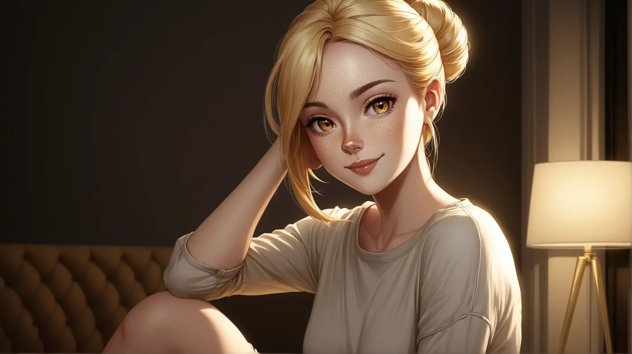 Draw a woman, long blonde hair in a bun, gold eyes, freckles, perky figure, casual outfit, high quality, cowboy shot, indoors, seductive pose, dim lighting, smiling at the viewer