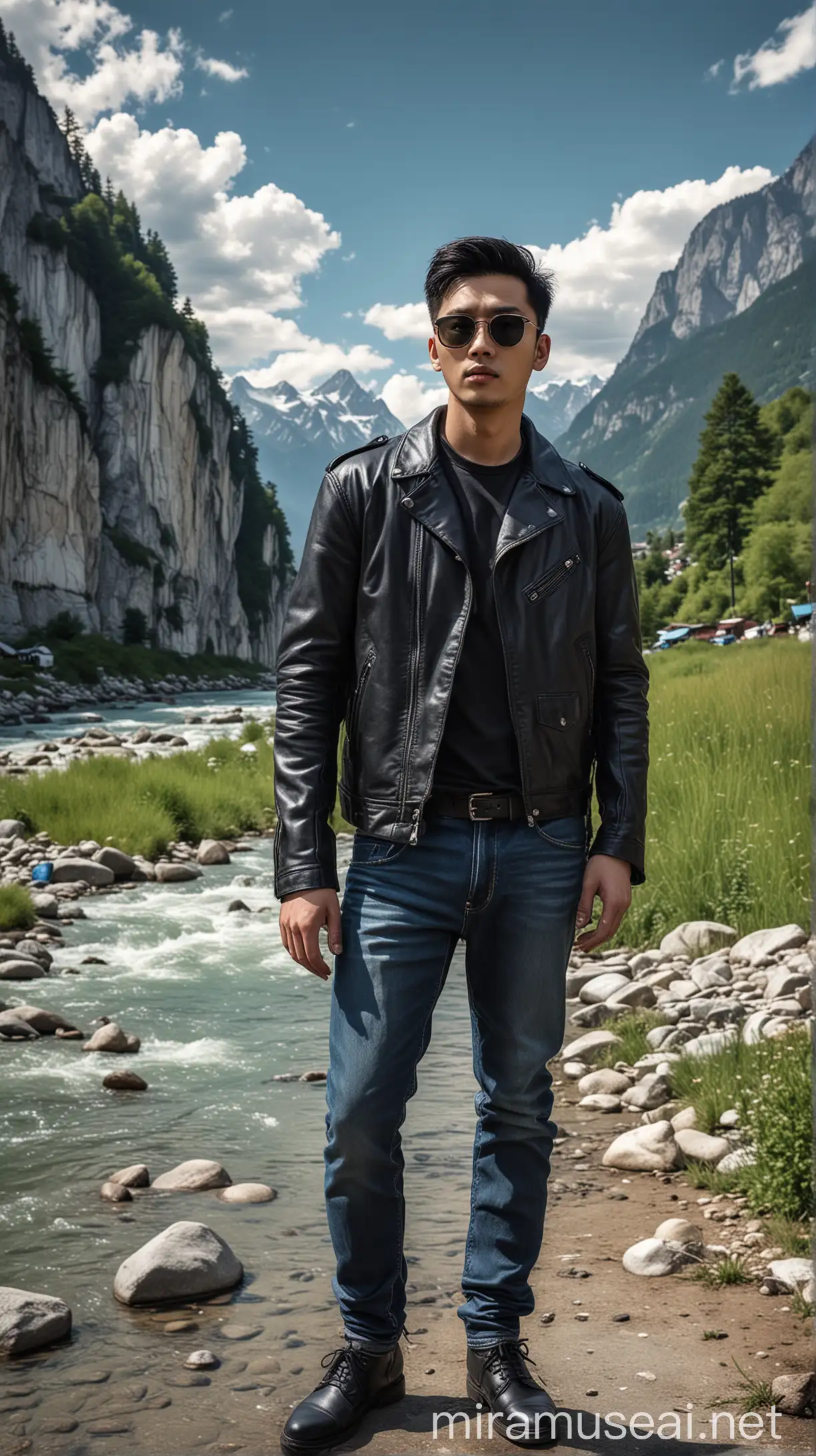 Stylish Korean Man Walking with Panther in the Majestic Swiss Alps