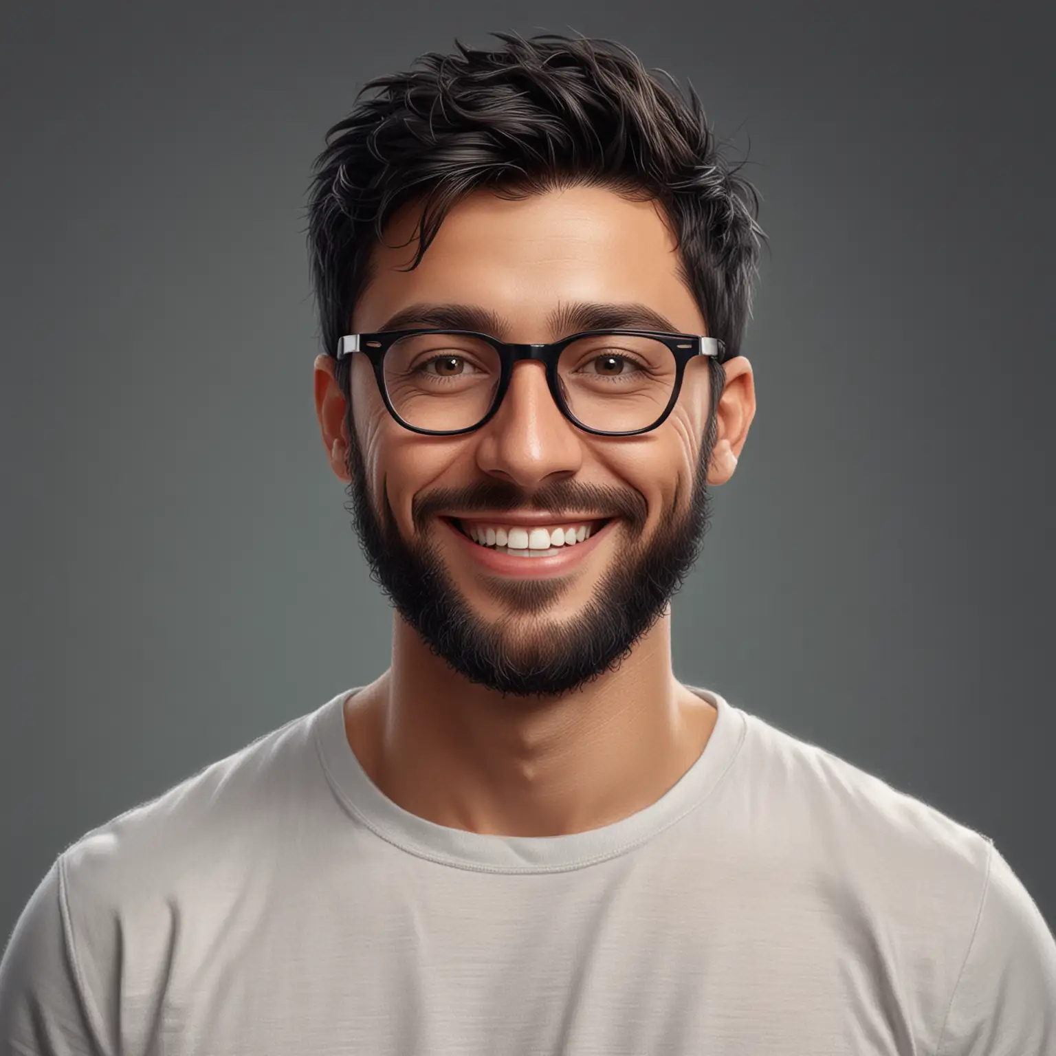 smiling man front facing, black short hair, wearing glasses, with a beard, wearing round neck t-shirt, realistic style