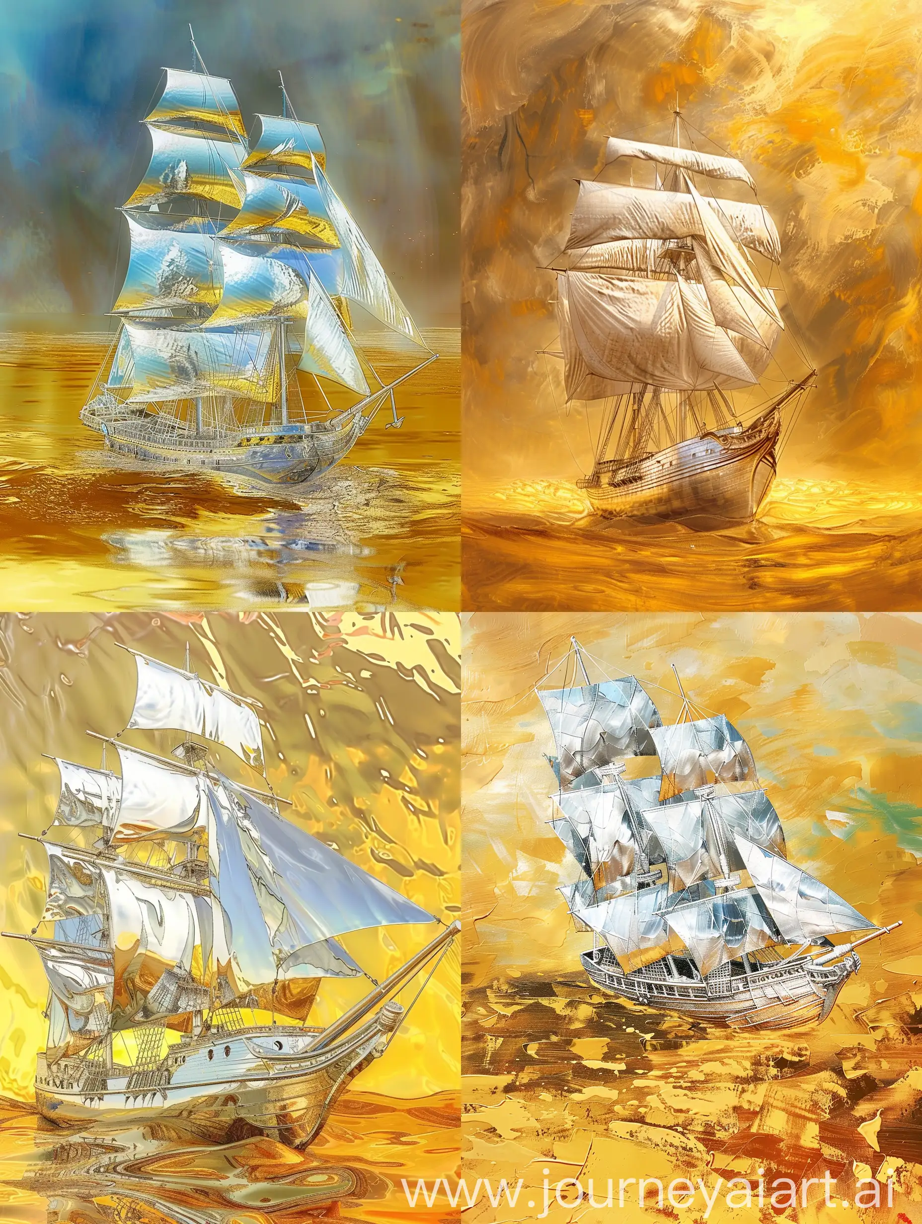 a polychromatic silver ship at full sail on a golden/yellow ocean