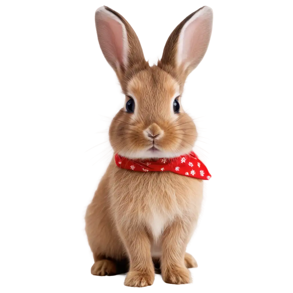 Create an bunny wearing a red bandana tied around its head, similar to a headscarf. The bunny should have a fluffy and textured fur appearance. The overall style should be cute and endearing, suitable for apparel or merchandise design.