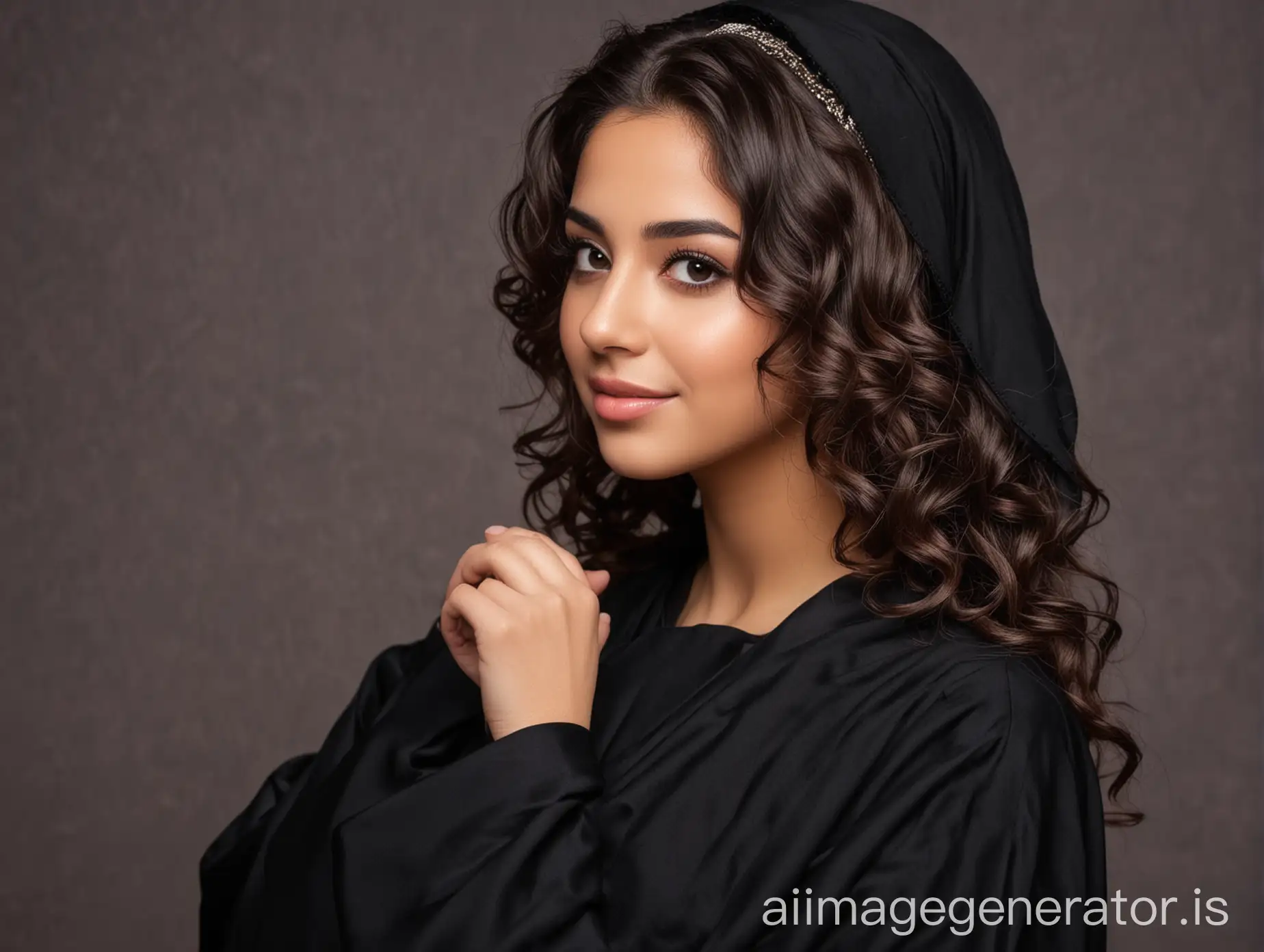 Beautiful Arab girl with wavy hair wearing black abaya