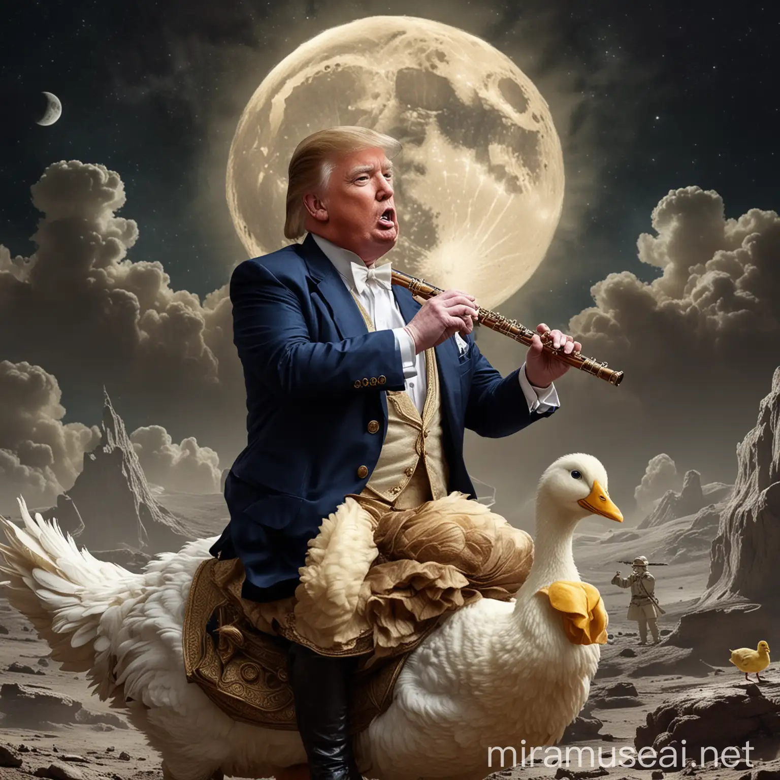 Donald trump plays the flute on the moon in the 18th century while riding a duck