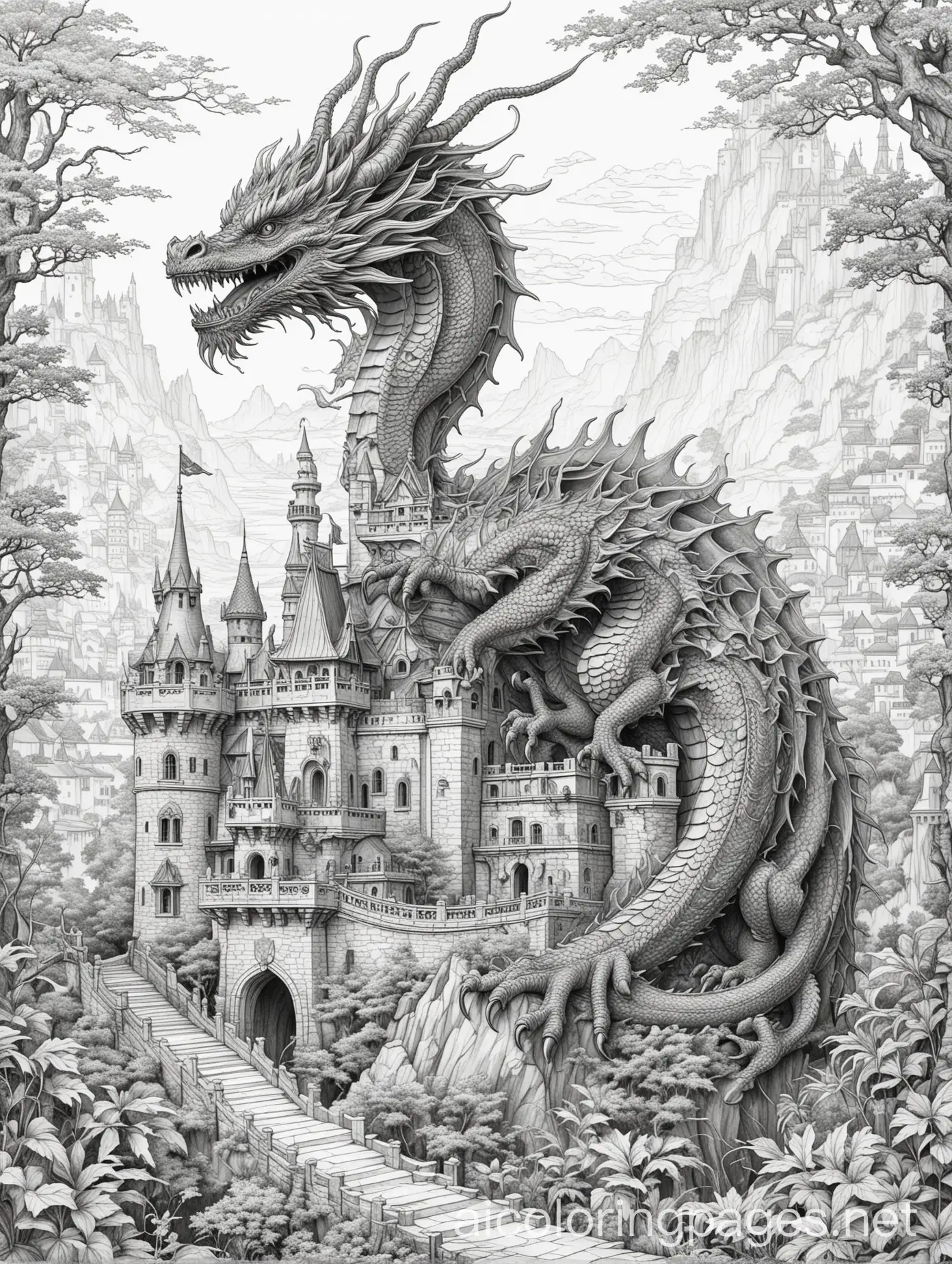elaborate and intricate dragon near a castle, Coloring Page, black and white, line art, white background, Simplicity, Ample White Space