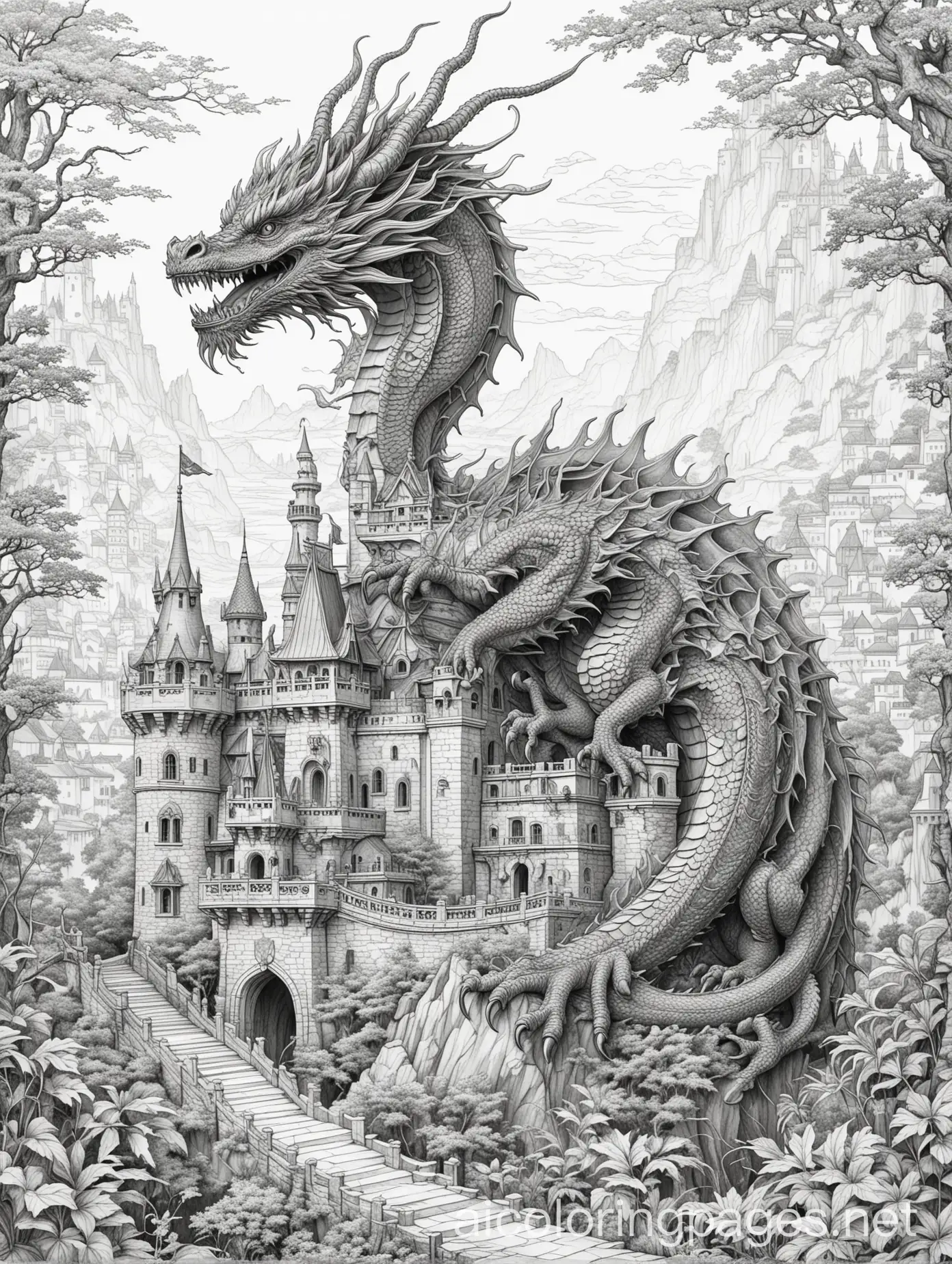 elaborate and intricate dragon near a castle , Coloring Page, black and white, line art, white background, Simplicity, Ample White Space. The background of the coloring page is plain white to make it easy for young children to color within the lines. The outlines of all the subjects are easy to distinguish, making it simple for kids to color without too much difficulty