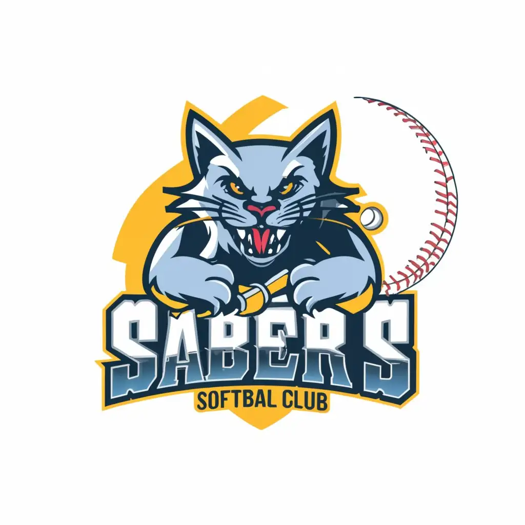 a logo design,with the text "the Sabers", main symbol:this logo-style mascot for the softball club should include a cat with softball. and must color  is powder blue and yellow,Moderate,clear background