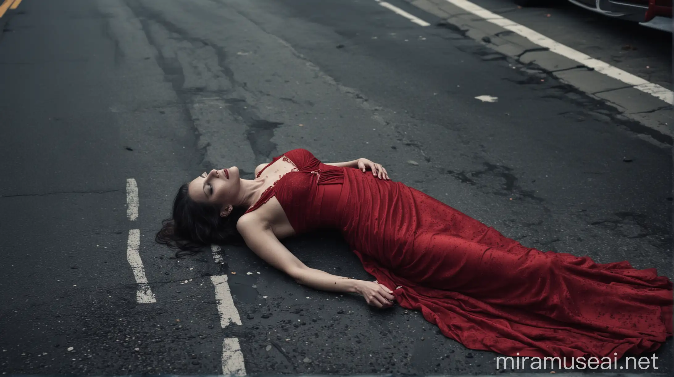 Cadavre de femme morte sur la route dans les rues de new york. Ambiance sombre. Elle a une robe rouge.