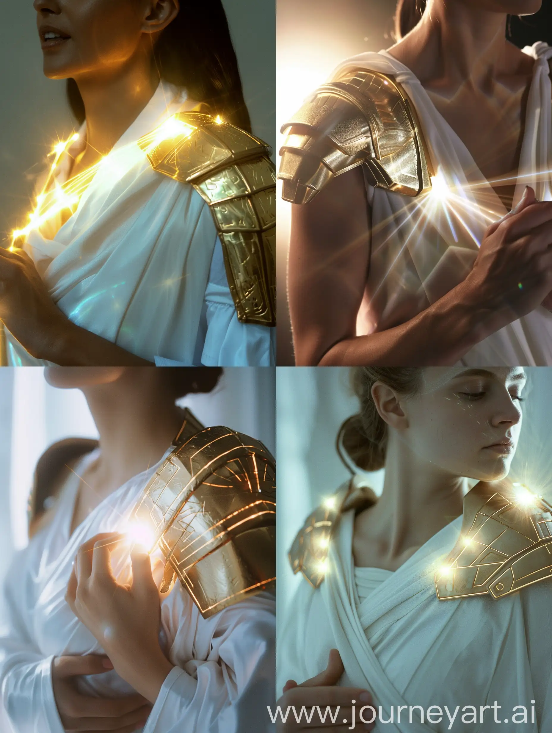 Add shoulder gold pauldrons on shoulder only, wearing white thobe, her hands are holding soft radiating glowing light