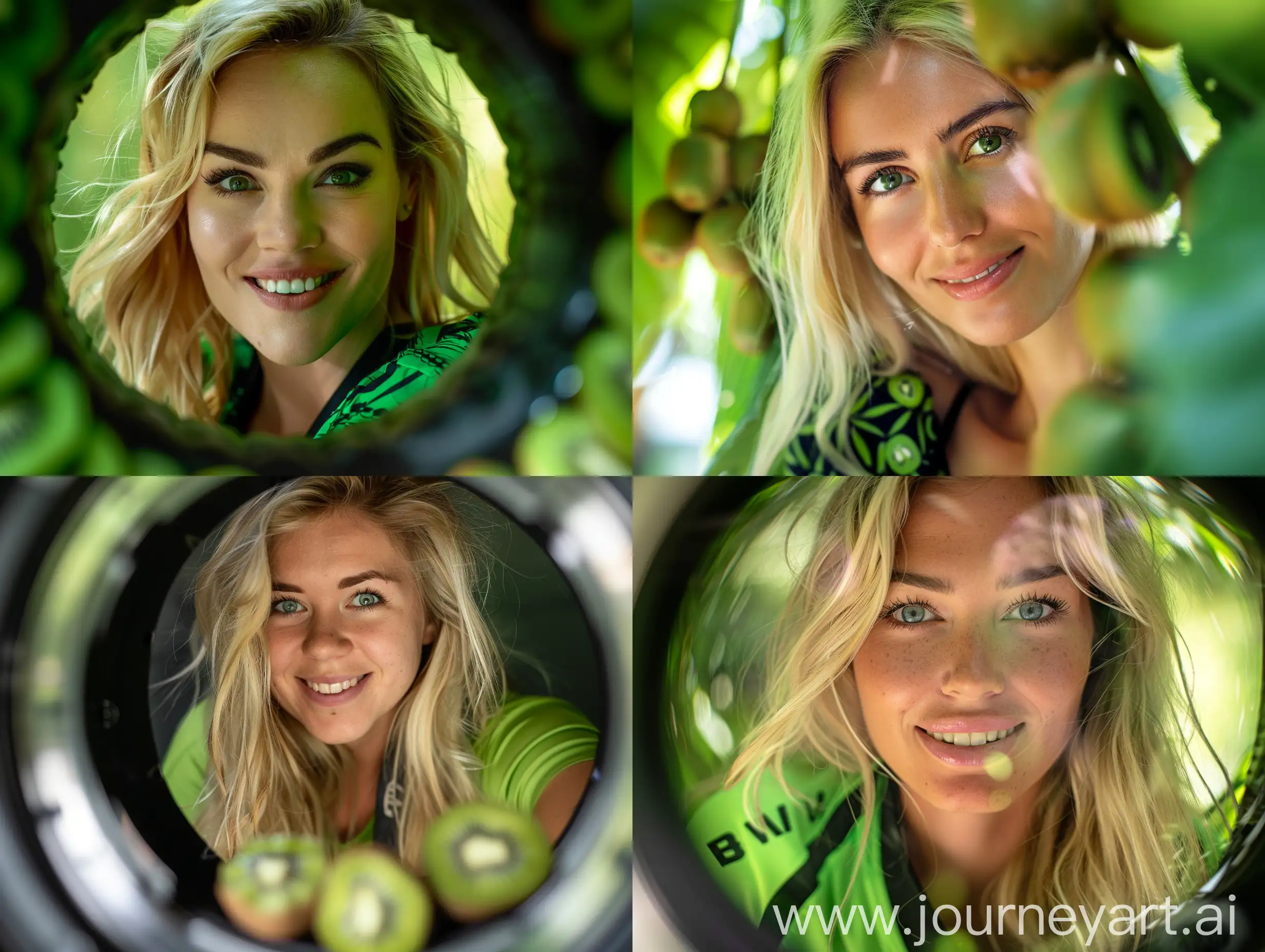 Real photo of a beautiful blonde woman. happy face Looking through the camera lens. Green and black clothes. A few kiwis in the picture
